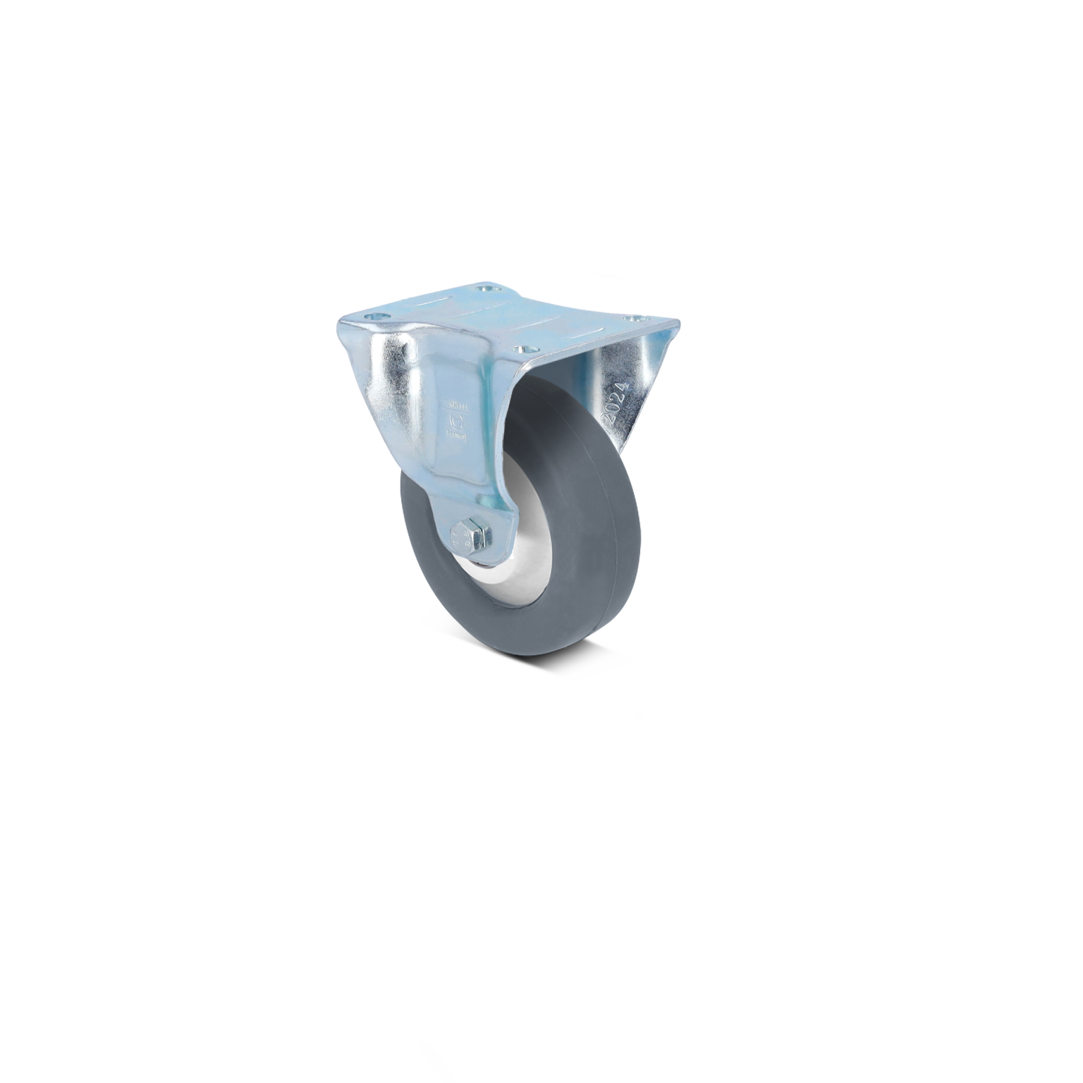 A gray industrial wheel is attached to a metal mounting plate, featuring a smooth surface for mobility. It is positioned against a bright blue background, emphasizing its design and functionality.