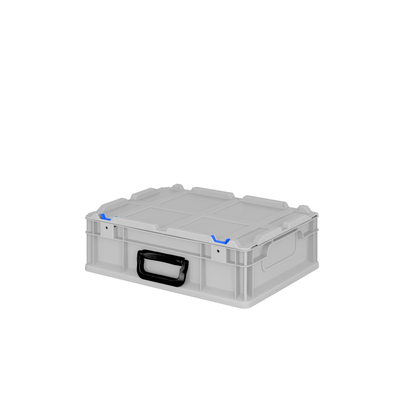 A transparent plastic storage box features a black handle and blue accents. Its design includes a flat top and reinforced edges, suitable for organizing materials in an industrial environment.