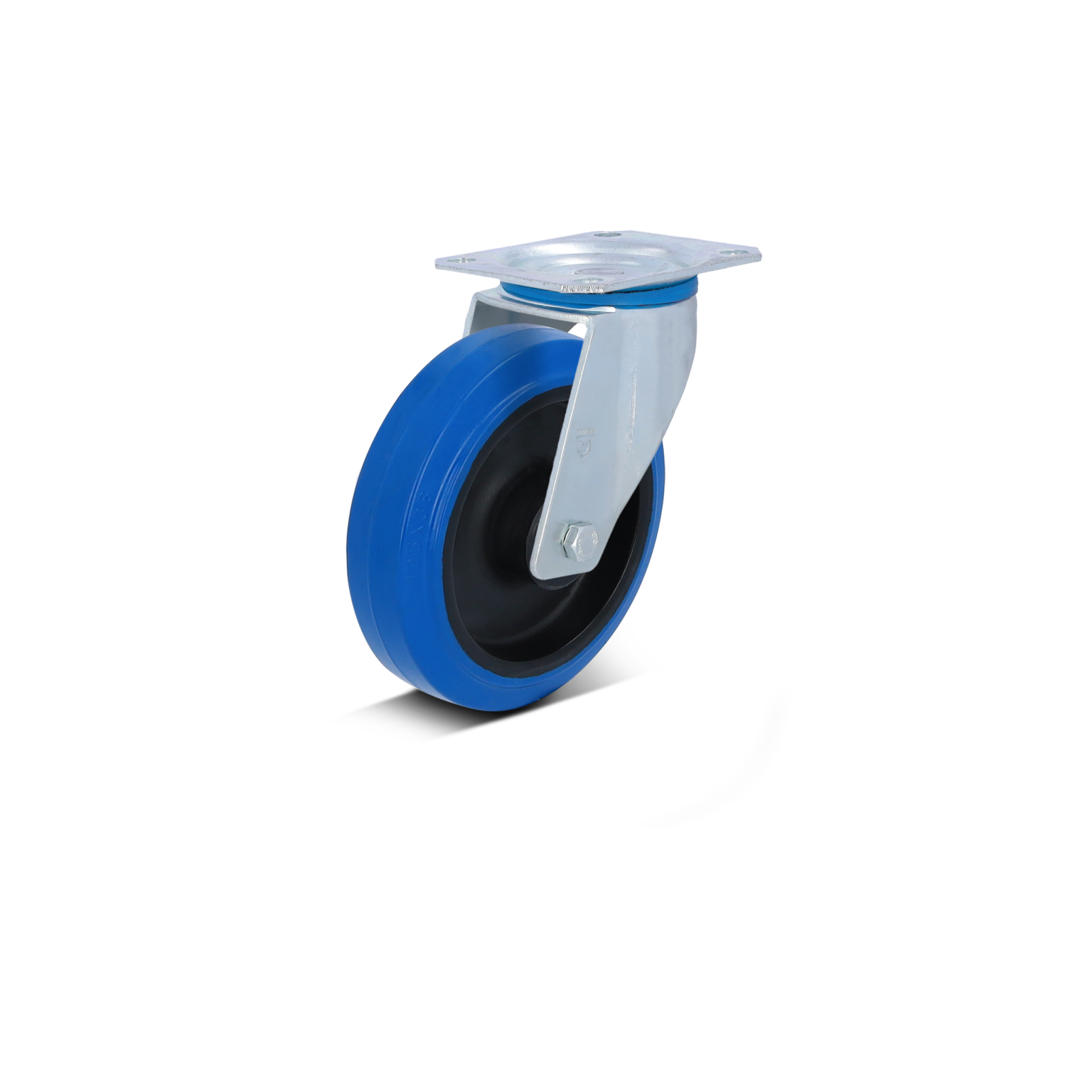A blue wheel with a black inner tire is mounted on a silver metal plate. The wheel is designed for mobility, possibly for industrial equipment or furniture, with a sturdy, rounded shape.