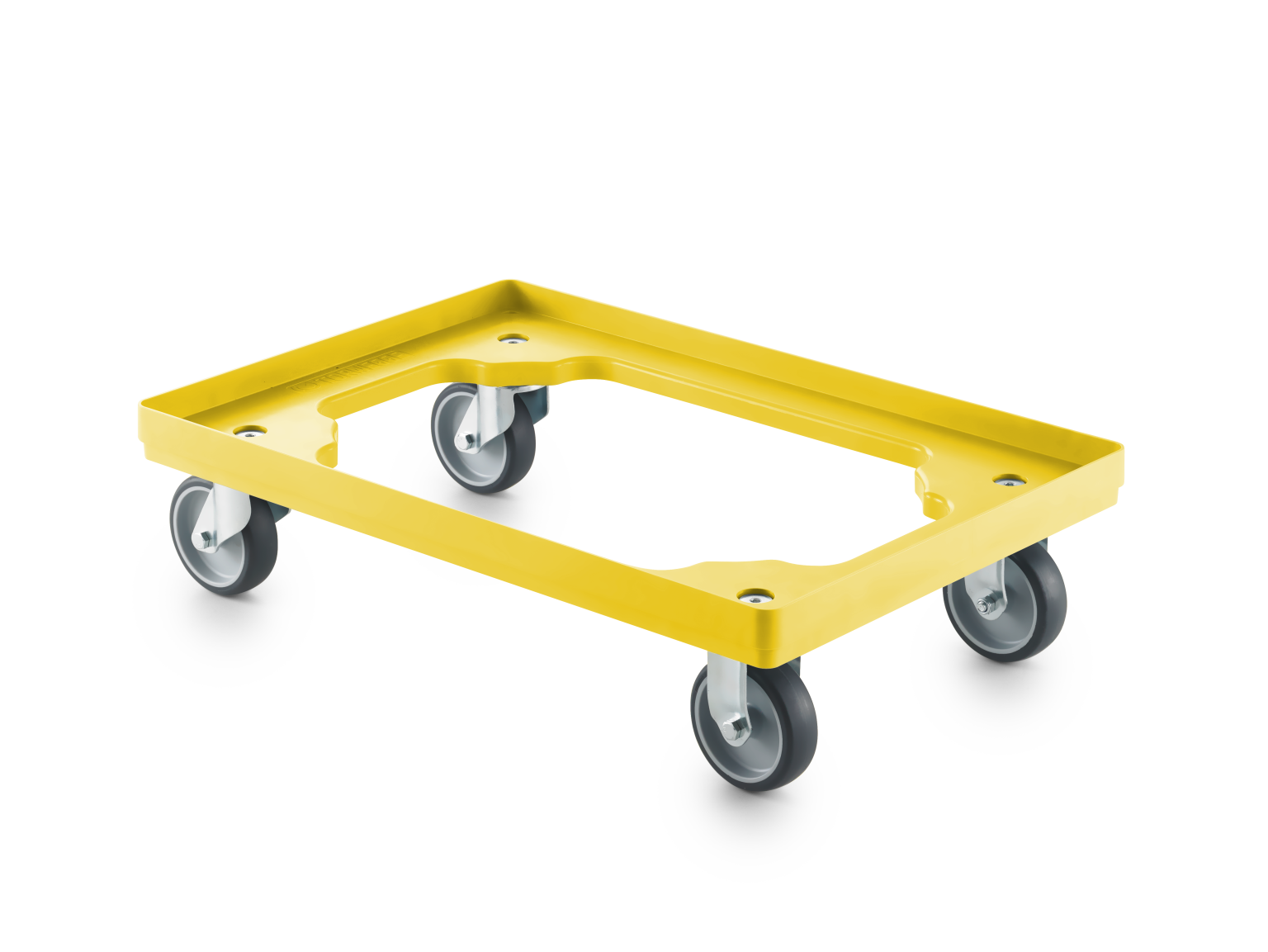 A yellow transport trolley features a rectangular frame with a recessed surface, equipped with four swiveling castors. The design supports easy movement for material handling.