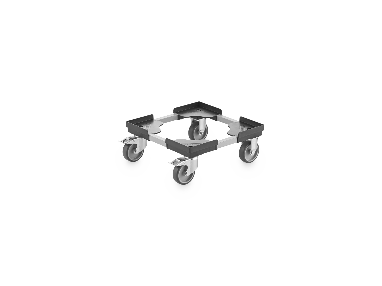A square transport dolly features a metal frame with four swiveling wheels. The wheels are mounted at each corner, designed for maneuverability in industrial settings.