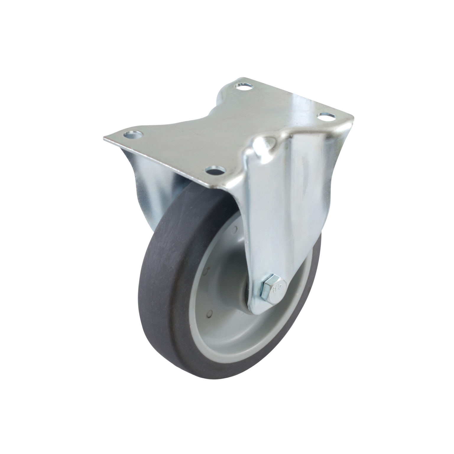 Zwenkwiel met een metalen bevestigingsplaat, voorzien van vier montagegaten. Het wiel is gemaakt van kunststof met een rubberen rand voor betere grip en demping. Achtergrond is helder en vervaagd.