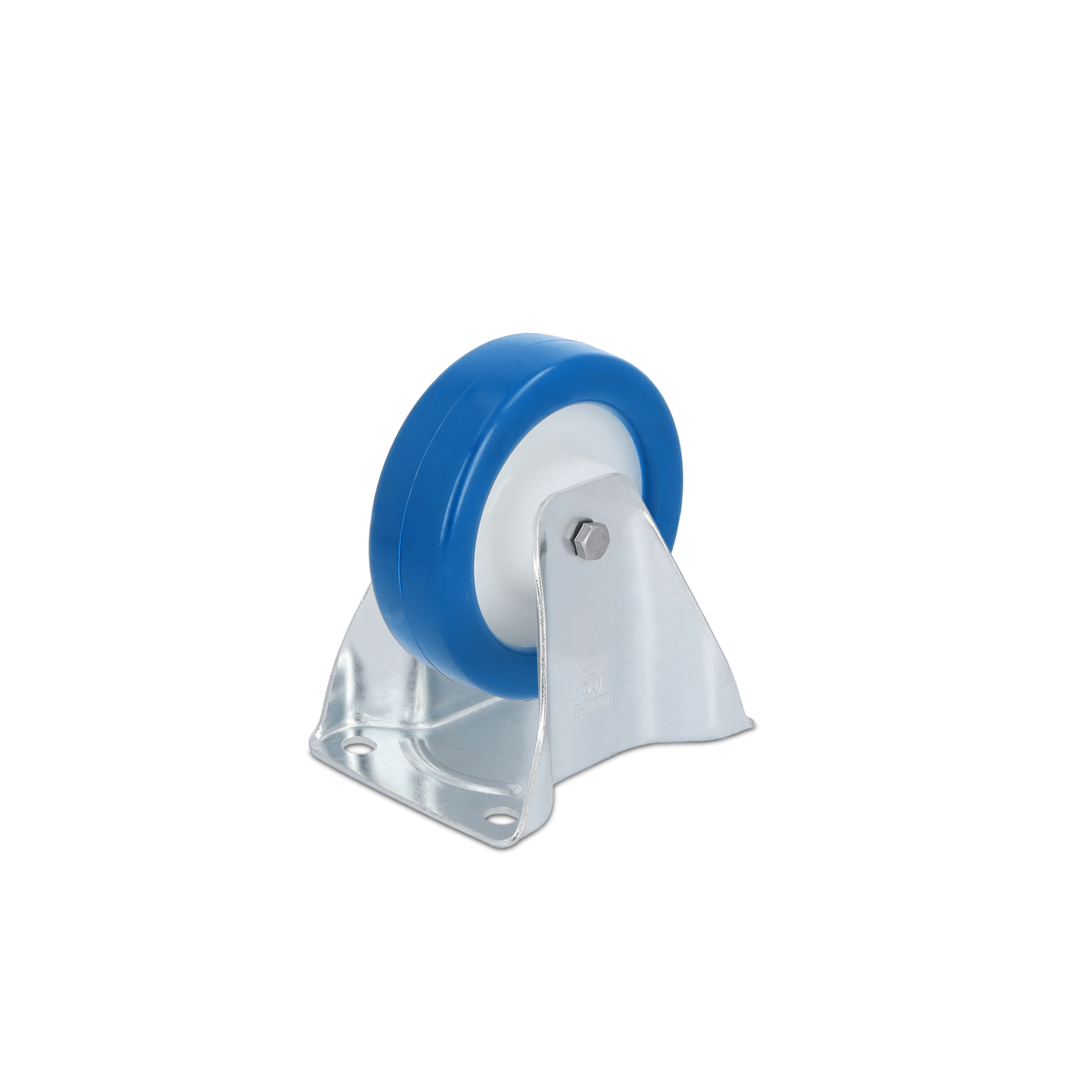 A blue polyurethane wheel mounted on a metallic bracket with a single bolt for attachment. The wheel has a white core and is designed for mobility in industrial settings. The background is plain.