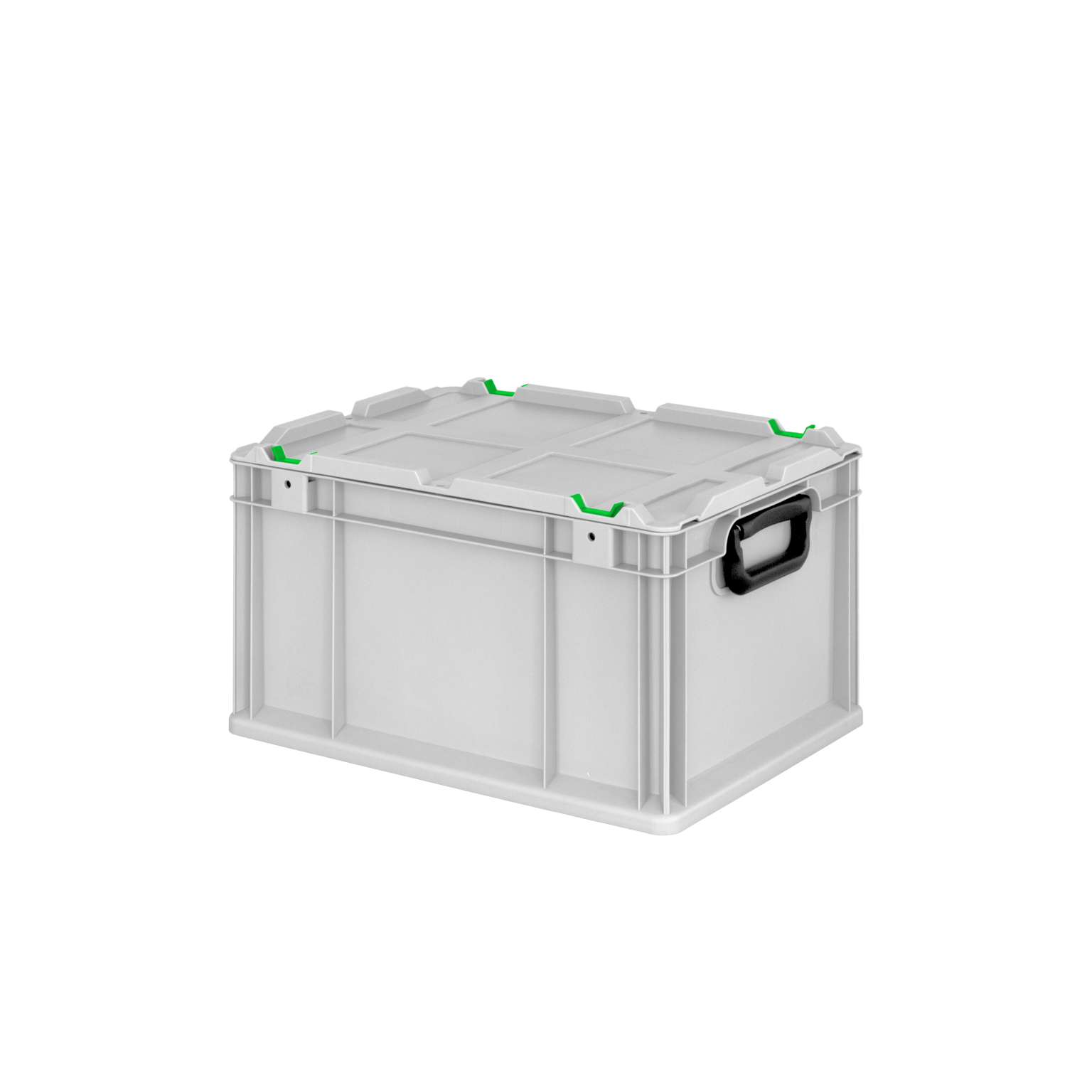 A rectangular, light gray plastic box features a hinged lid with green clips for securing. It has a sturdy black handle on one side, designed for storage and transport.