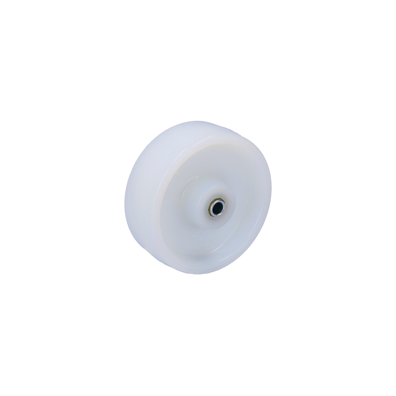 A white plastic wheel featuring a central hole for mounting. The surface is smooth and circular, positioned against a plain background. It is designed for use in material handling applications.