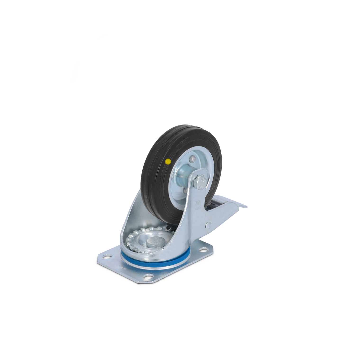A heavy-duty swivel castor features a black rubber wheel mounted on a silver metal plate. The wheel is positioned at an angle, showcasing the mounting bracket and swivel mechanism for maneuverability.