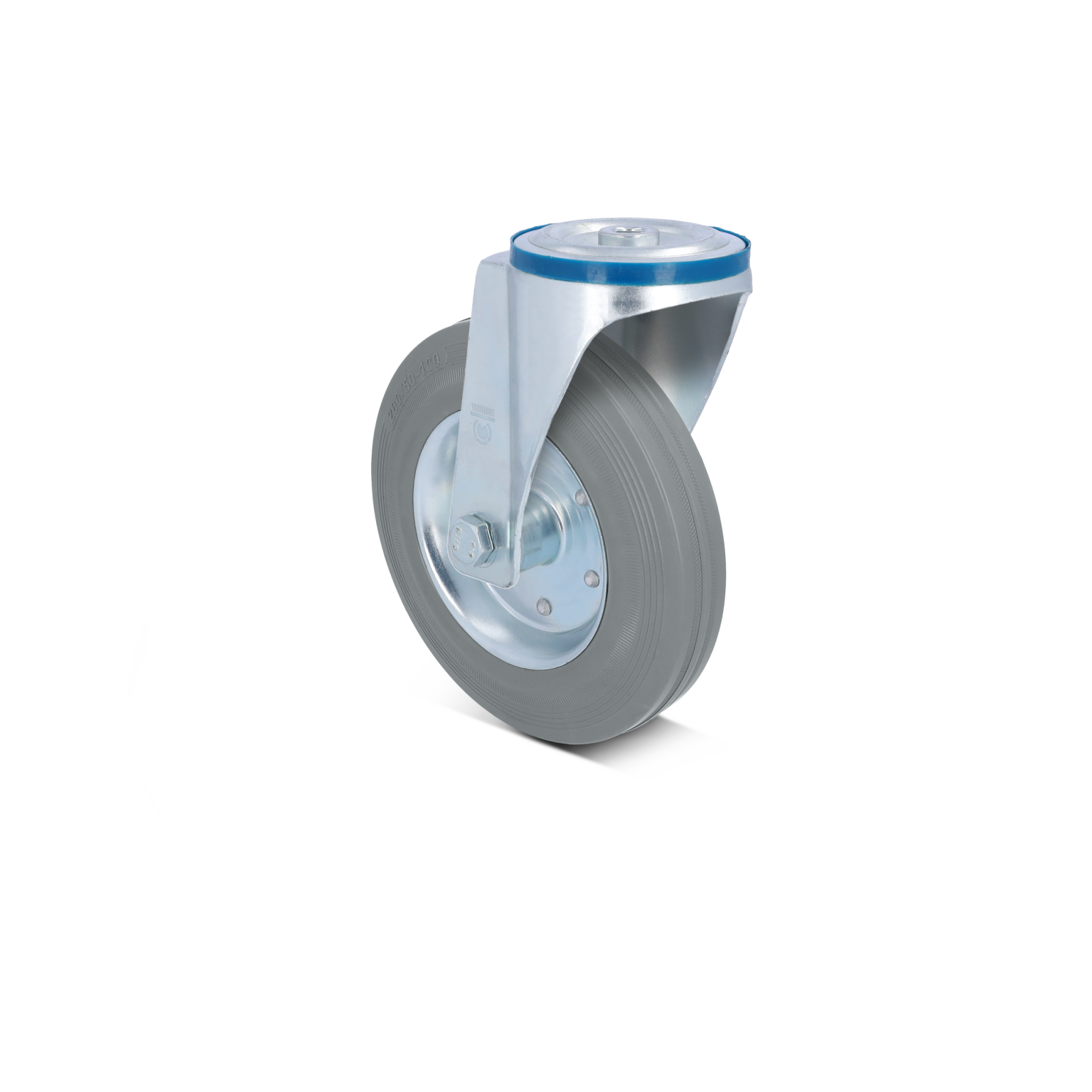 Zwenkwiel met een metalen bevestigingsbeugel en een rubberen band. Het wiel is ontworpen voor industrieel gebruik en staat tegen een neutrale achtergrond.