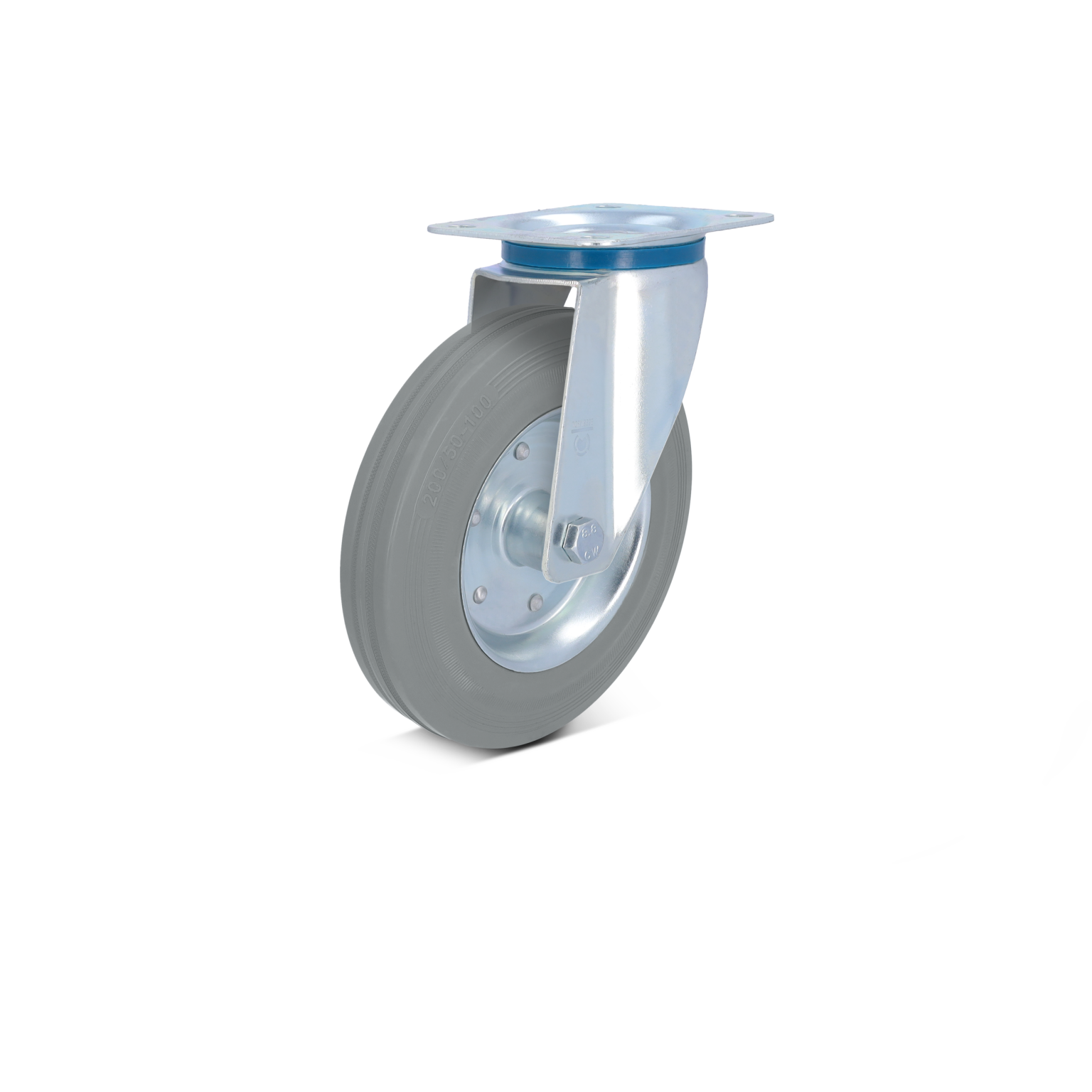 Zwenkwiel met een grijze rubberen band en een metalen montagesteun. De ondersteuning is bevestigd aan de bovenkant, waardoor het wiel geschikt is voor diverse toepassingen in de logistiek.