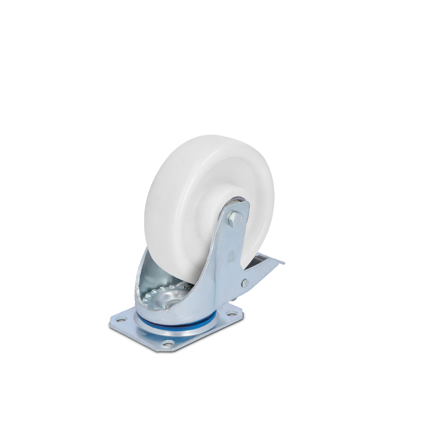A white industrial caster wheel features a metal mounting plate with a swivel joint, allowing for rotation. It has a shiny finish and is positioned against a plain background.