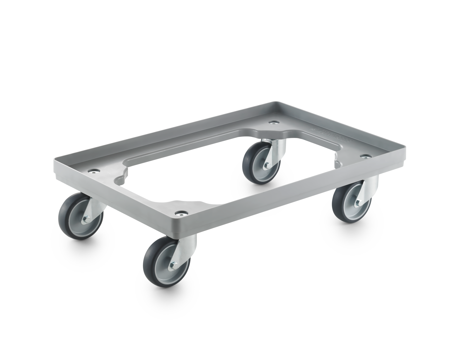 A rectangular platform cart features a smooth metal base with rounded edges and four swivel wheels attached at the corners, designed for easy transport of various items in an industrial setting.