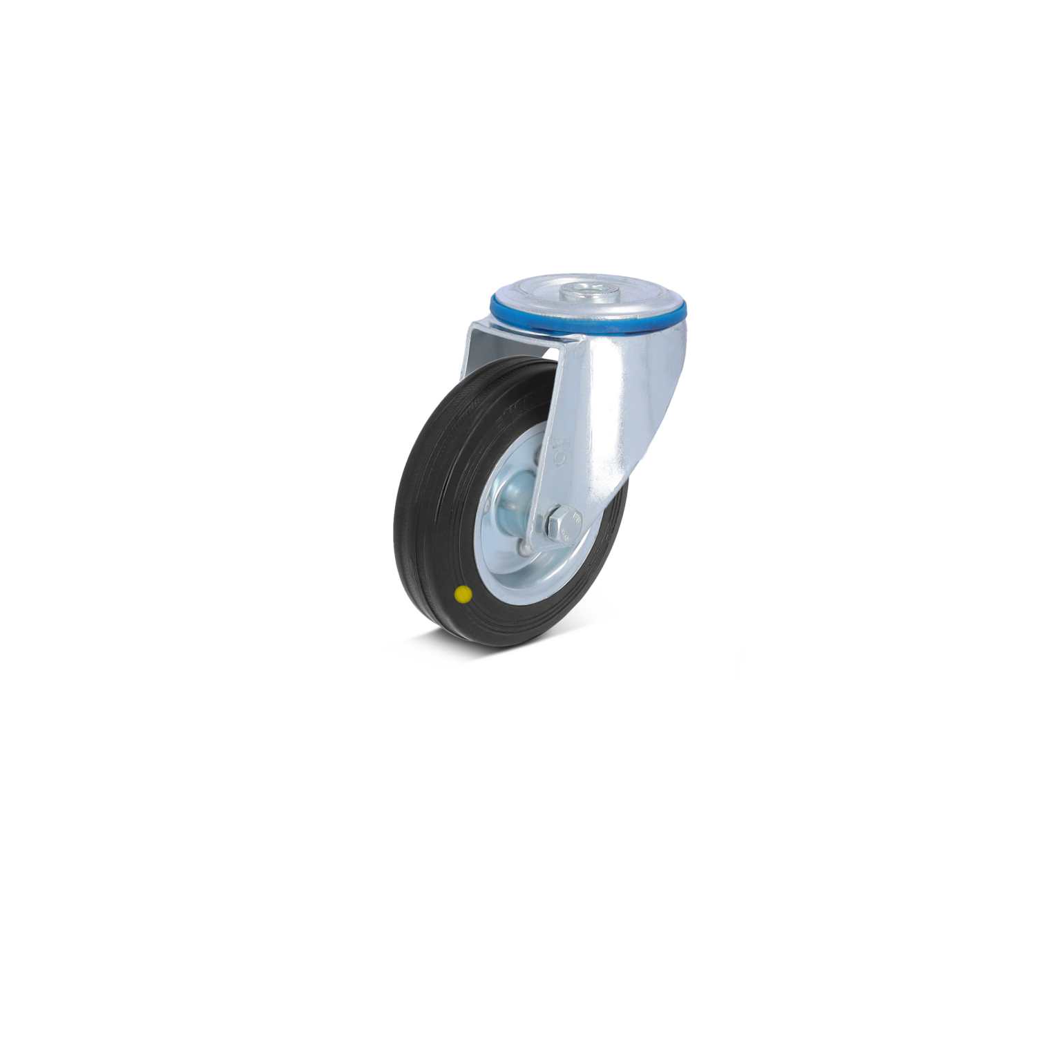 A swivel castor featuring a black rubber wheel and a metallic mounting bracket. The wheel has a central hub and is set in an upright position, suitable for industrial applications.