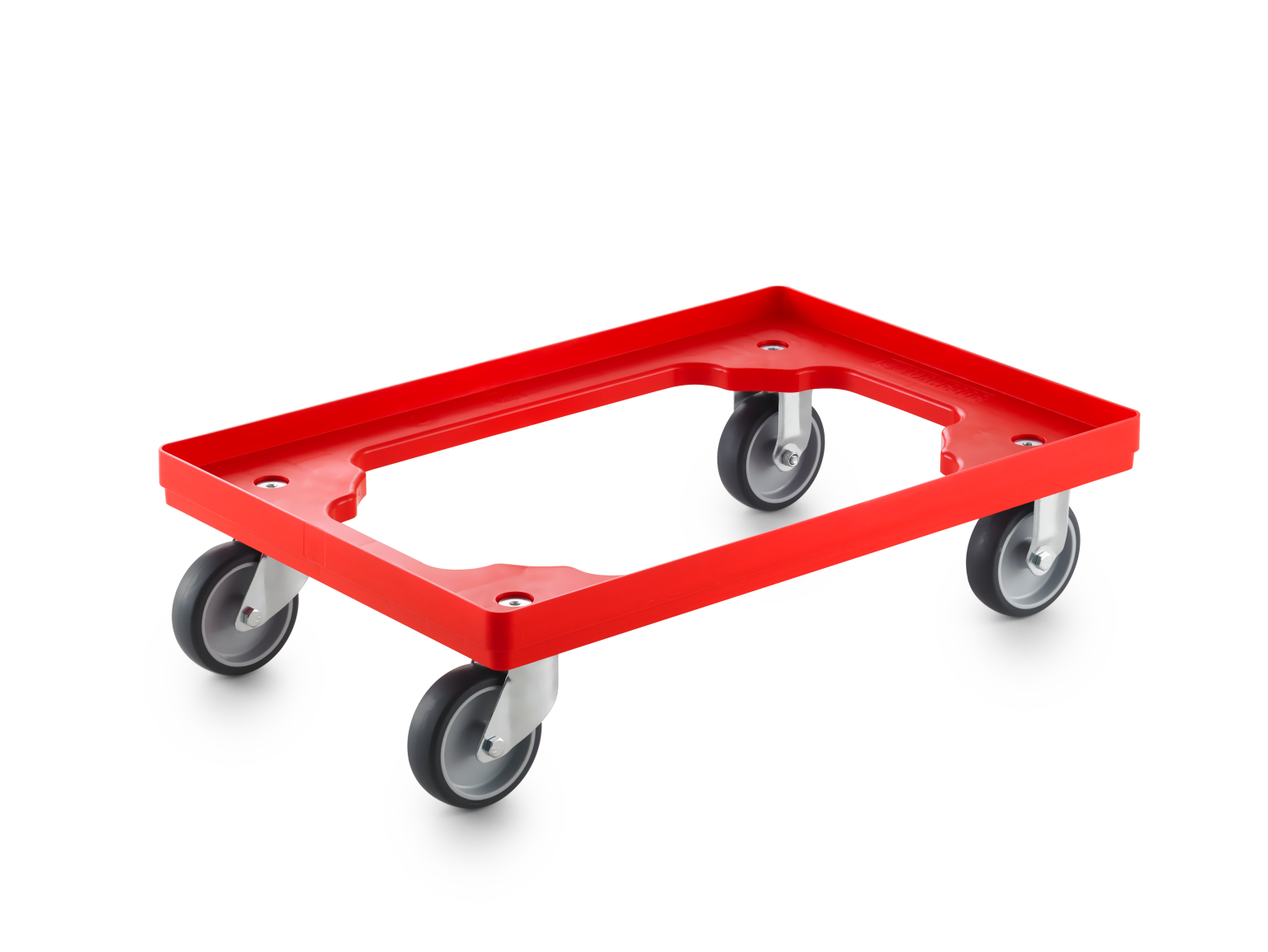 A rectangular red transport trolley features four gray casters for mobility. The trolley has a shallow container design, suitable for handling various items in an industrial or warehouse setting.