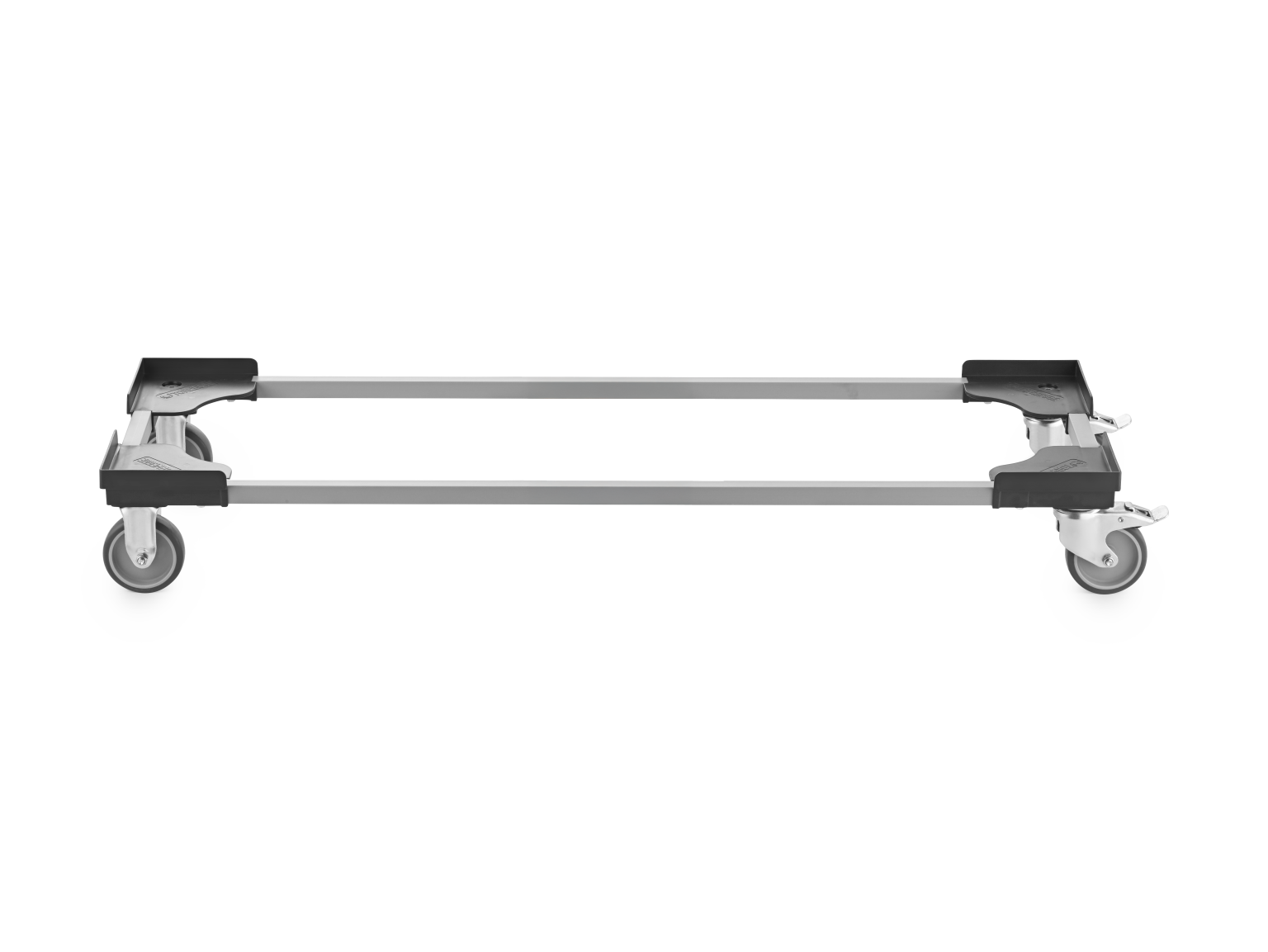 A transport trolley frame with a rectangular design features mounted wheels at each corner. The structure appears sturdy, made from metal, and is positioned horizontally on a plain background.