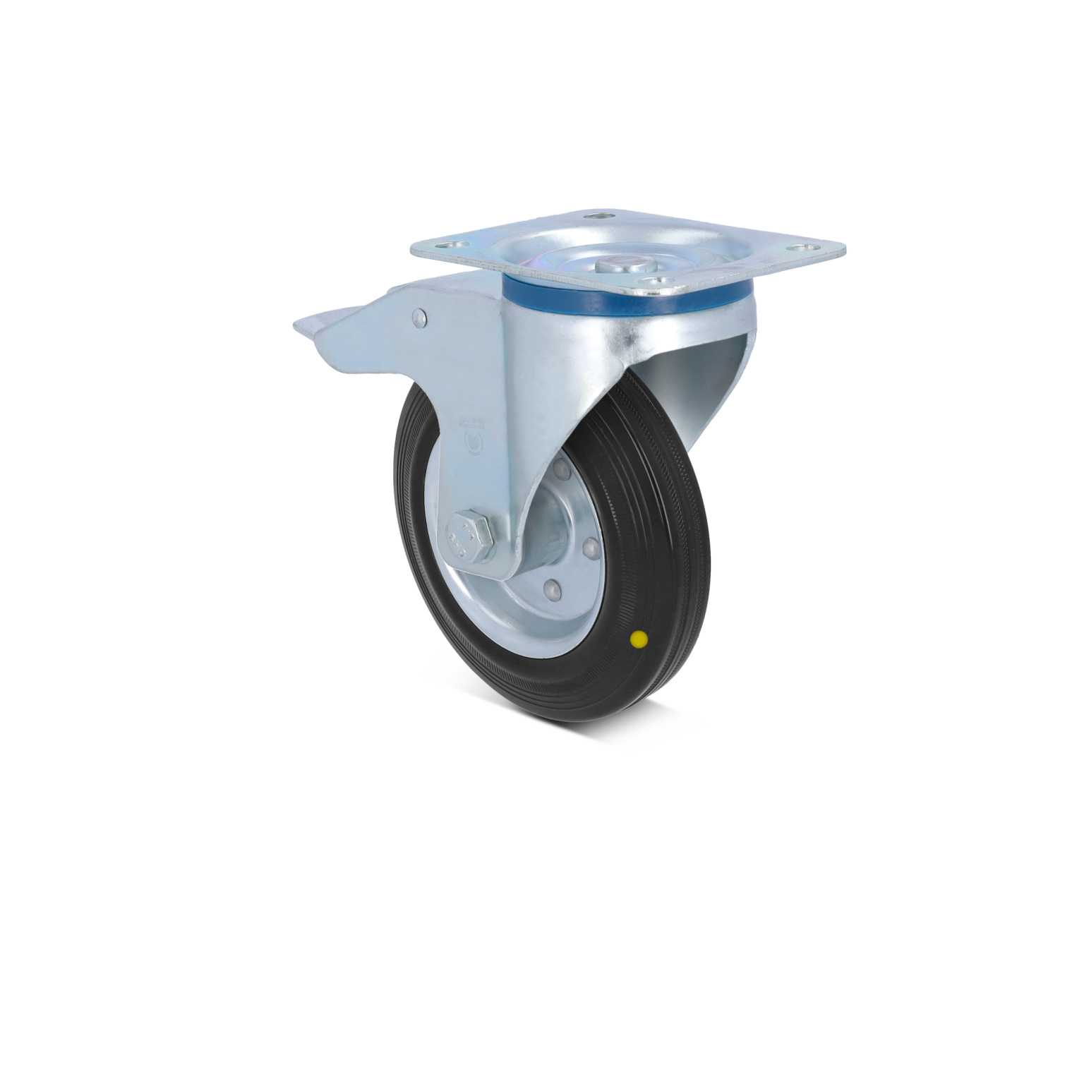 A swivel castor with a black rubber wheel and a silver metal mounting plate is showcased. The wheel is detailed with a yellow dot and positioned prominently against a plain background.