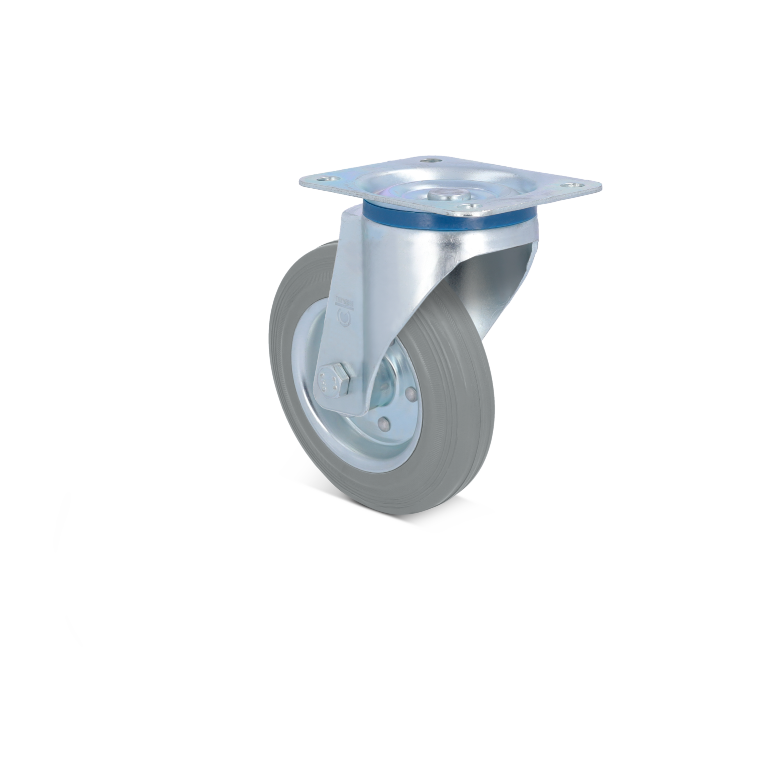 Een stevige zwenkwiel met een metalen behuizing en een rubberen band, gemonteerd op een vierkante plaat met gaten voor bevestiging. De achtergrond is eenvoudig en effen.