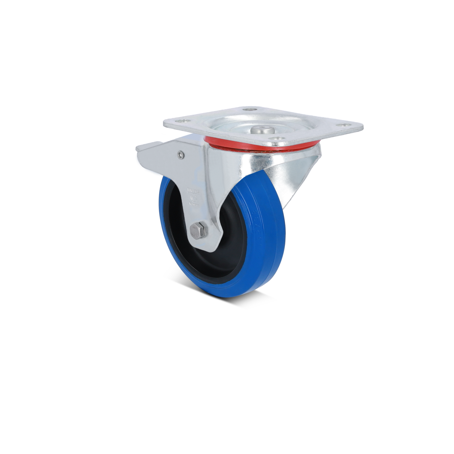 A swivel castor featuring a blue rubber wheel and a metallic bracket. The wheel is designed for easy movement, mounted on a flat plate with holes for installation. The background is plain.