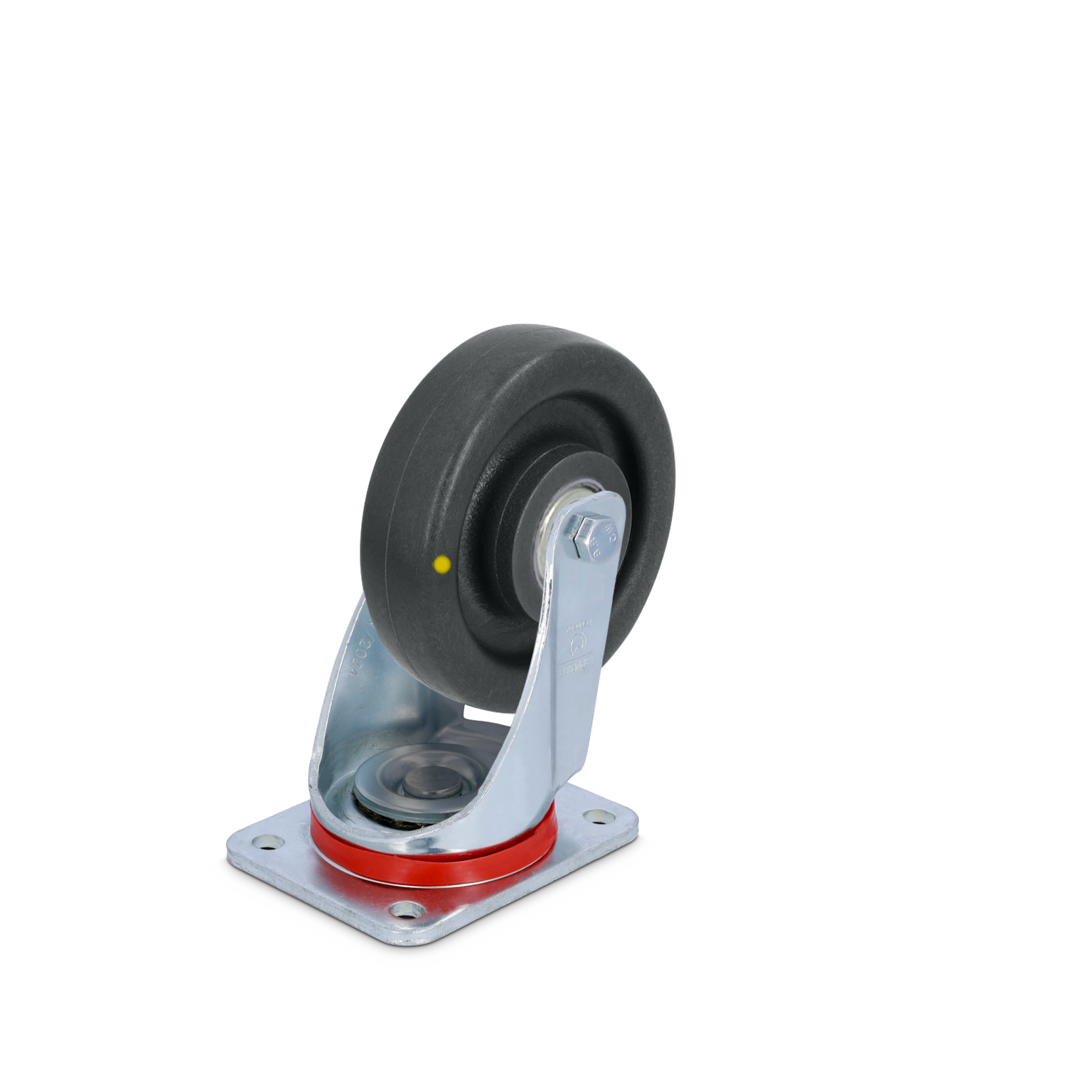 A black rubber wheel is mounted on a shiny metal swivel bracket with a red rubber ring. The base has a square mounting plate with four holes for screws, set against a plain background.