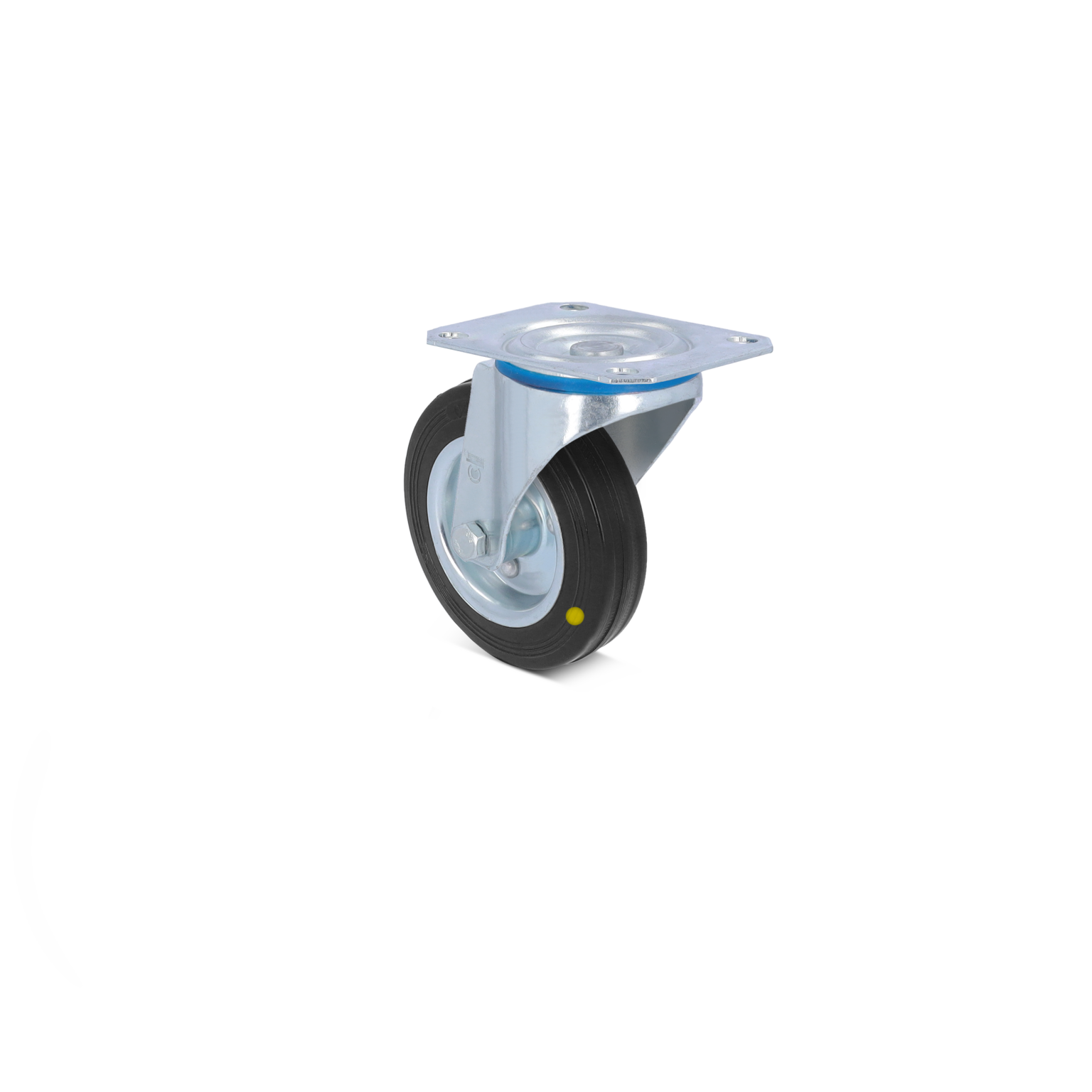 A swivel castor with a black rubber wheel is mounted on a shiny metal plate. The wheel features a blue band and a yellow dot, positioned against a plain background.