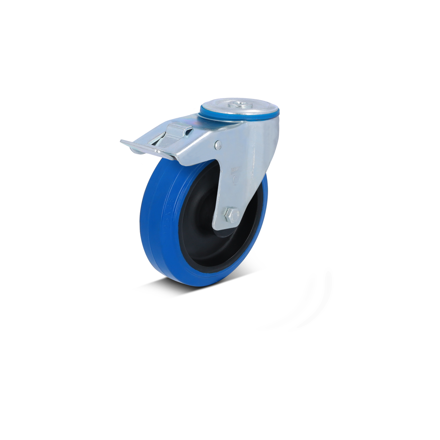 Blaues Rad mit einem metallenen Befestigungsanker. Die Rolle hat eine schwarze Gummikante und ist auf einem weißen Hintergrund platziert. Ideal für industrielle Anwendungen im Materialtransport.