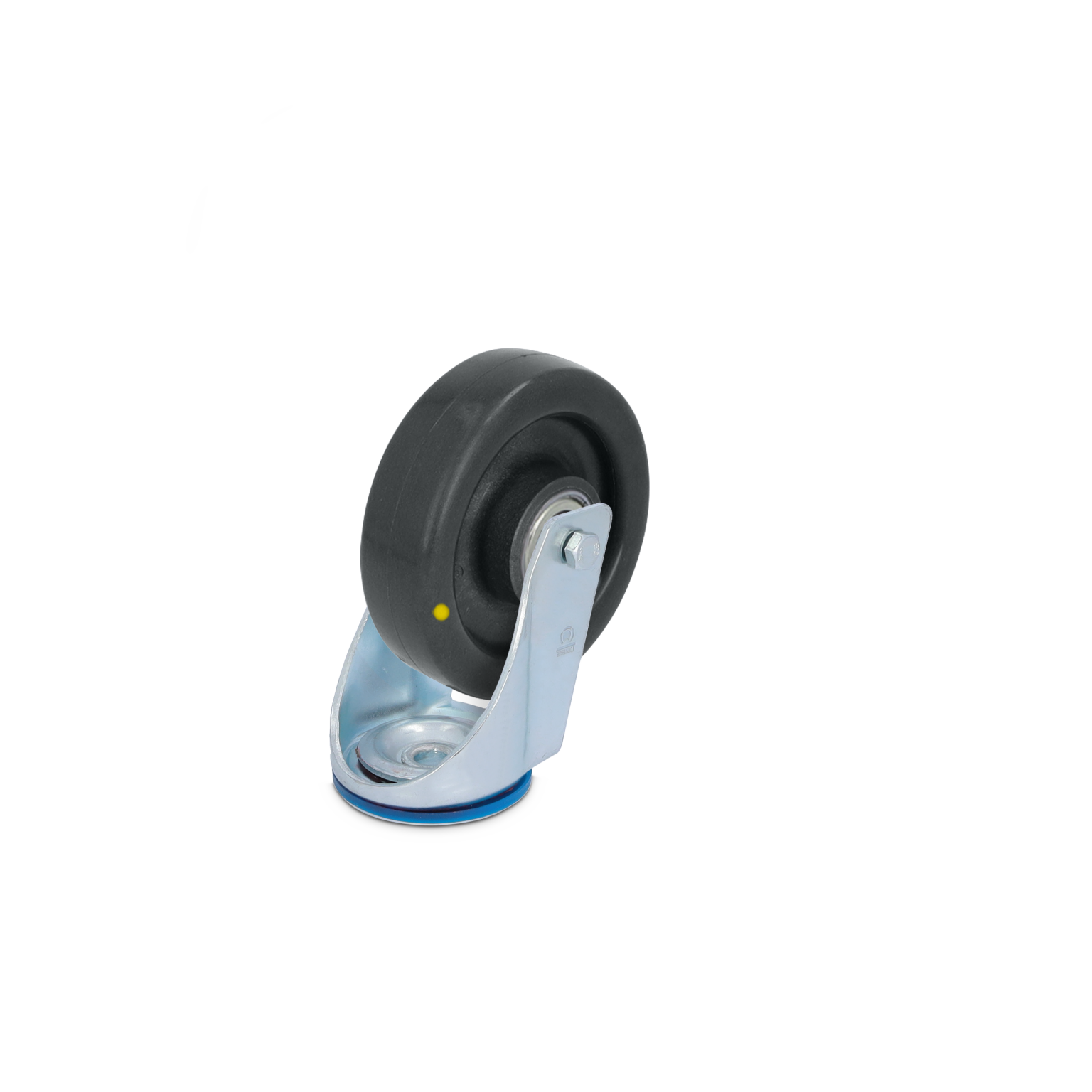 Zwenkwiel met zwarte rubberen band en metalen bevestigingsplaat. Het wiel heeft een glanzende, zilverachtige afwerking en is gericht naar rechts, zonder verdere achtergronddetails.