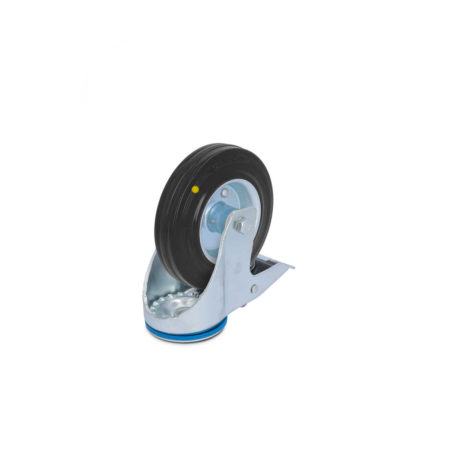 A black rubber wheel mounted on a silver metal swivel bracket features a blue ring at the base. It’s positioned upright against a blank background, showcasing its industrial design.