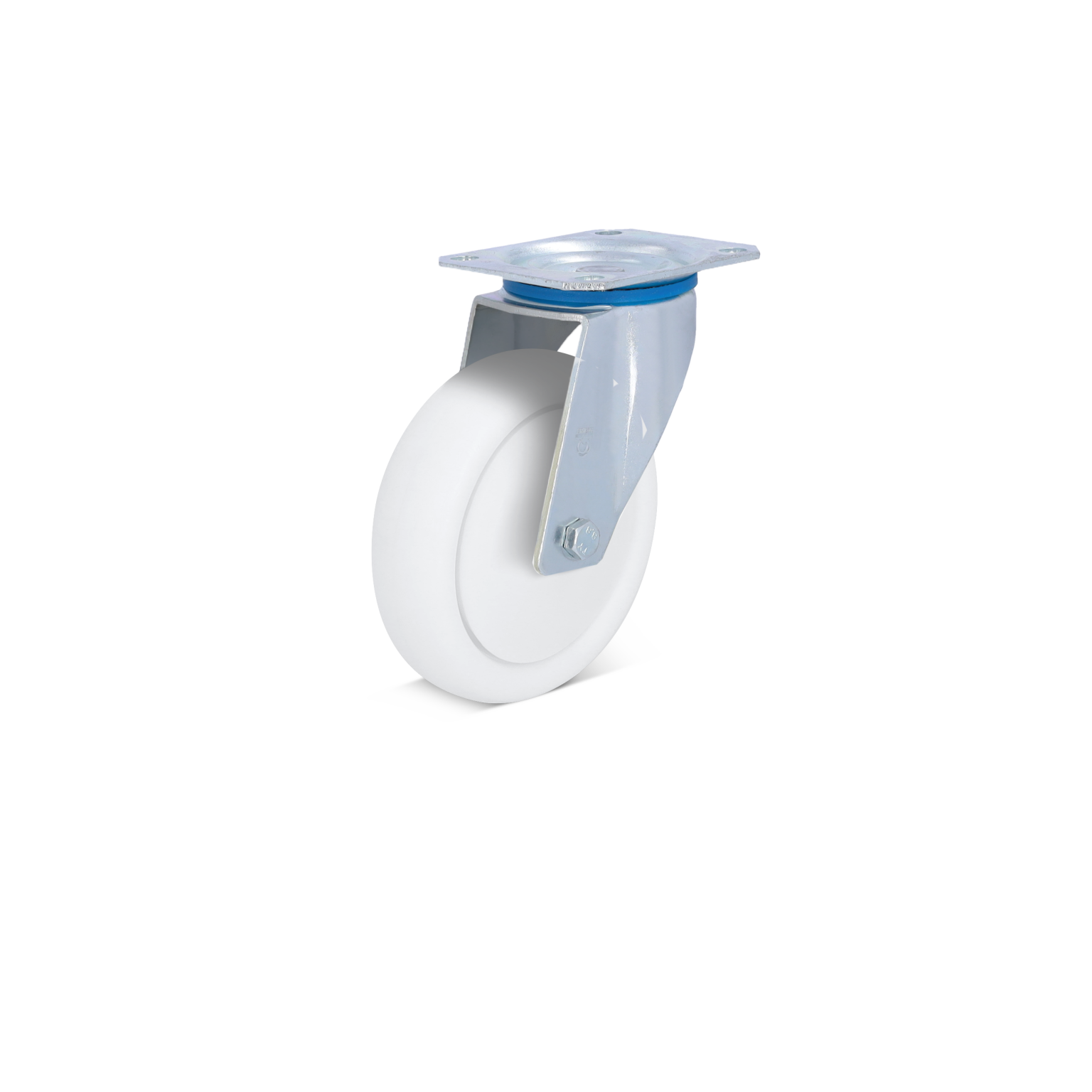 A white industrial wheel is mounted on a silver metal plate with a bolt. The caster features a smooth surface, indicating suitability for maneuverability in various contexts. The background is plain.