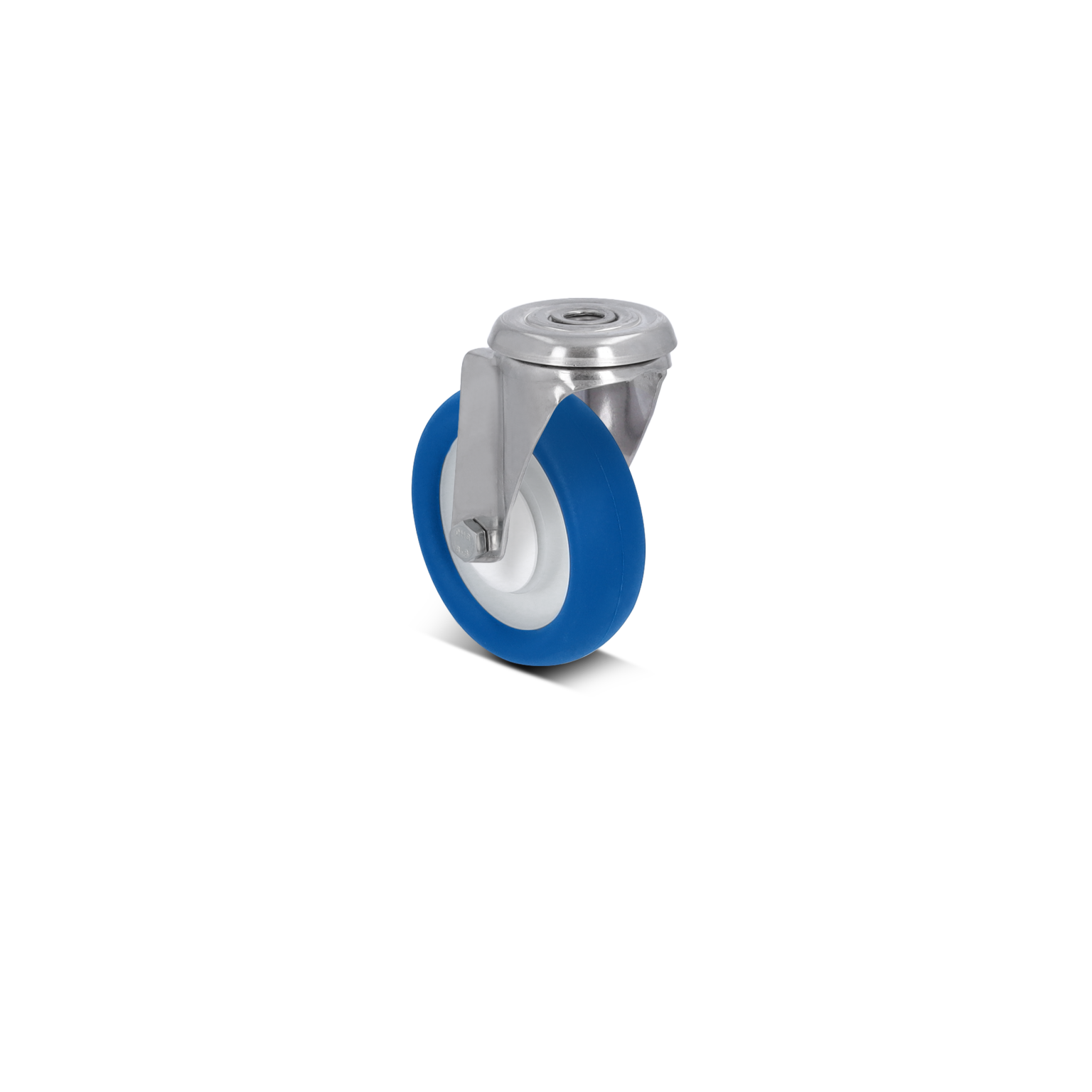 Zwenkwiel met een blauwe rubberen band en een witte kern. Het wiel heeft een metalen bevestiging met een ronde kop voor montage. De achtergrond is zwart, wat het object benadrukt.