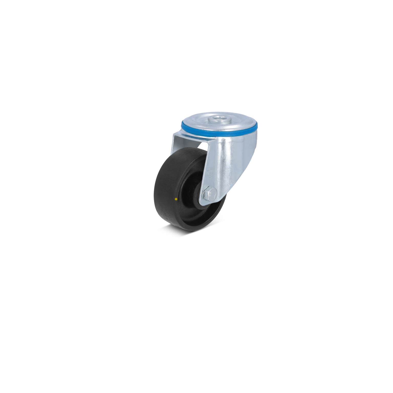 Zwenkwiel met een zwarte rubberen band en een metalen beugel. Bovenop bevindt zich een bevestigingsplaat met een blauwe rand. Het is geplaatst op een neutrale achtergrond.