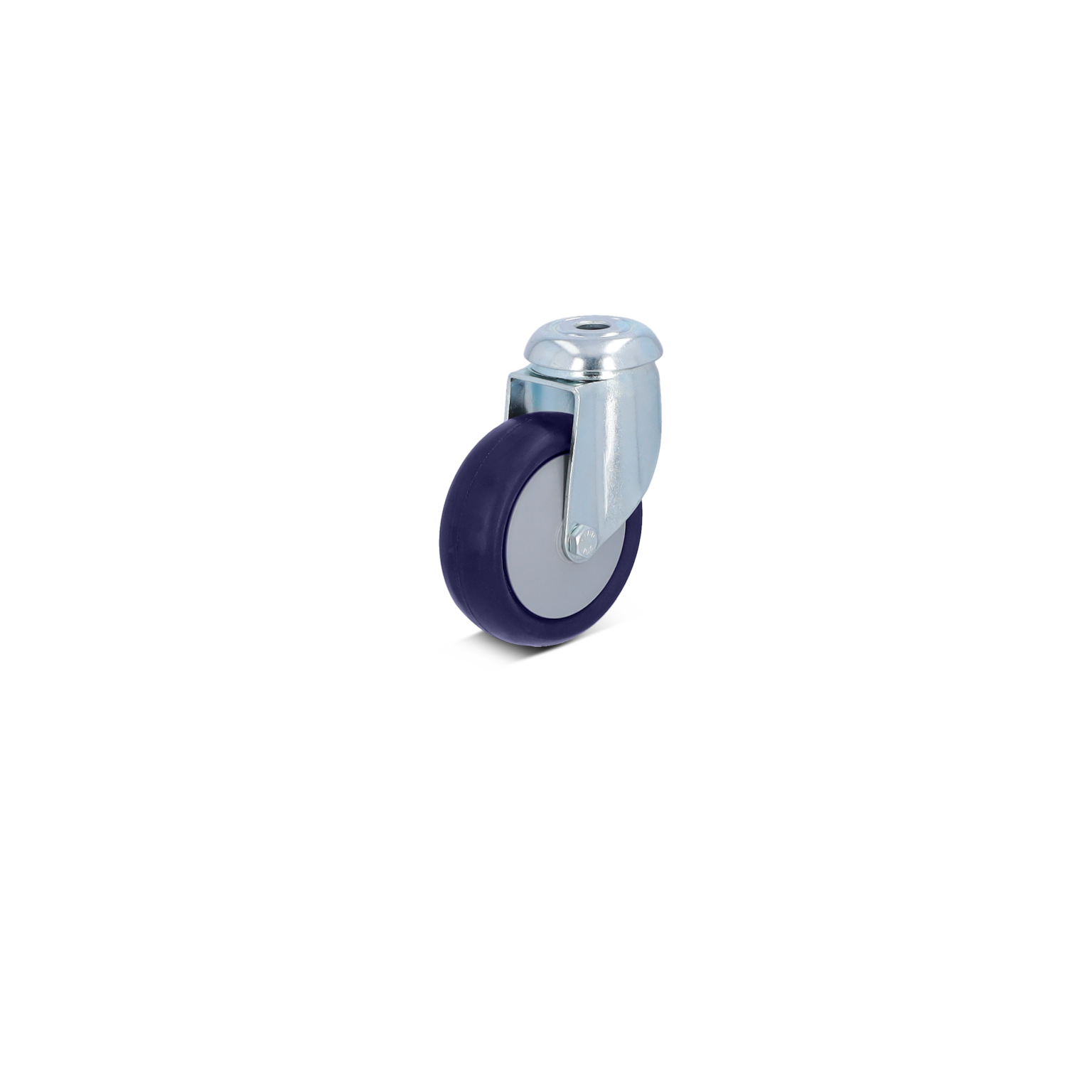 A swivel castor features a dark blue rubber wheel with a metallic mounting plate. The wheel is round and robust, positioned upright against a neutral background, ideal for mobility in industrial settings.