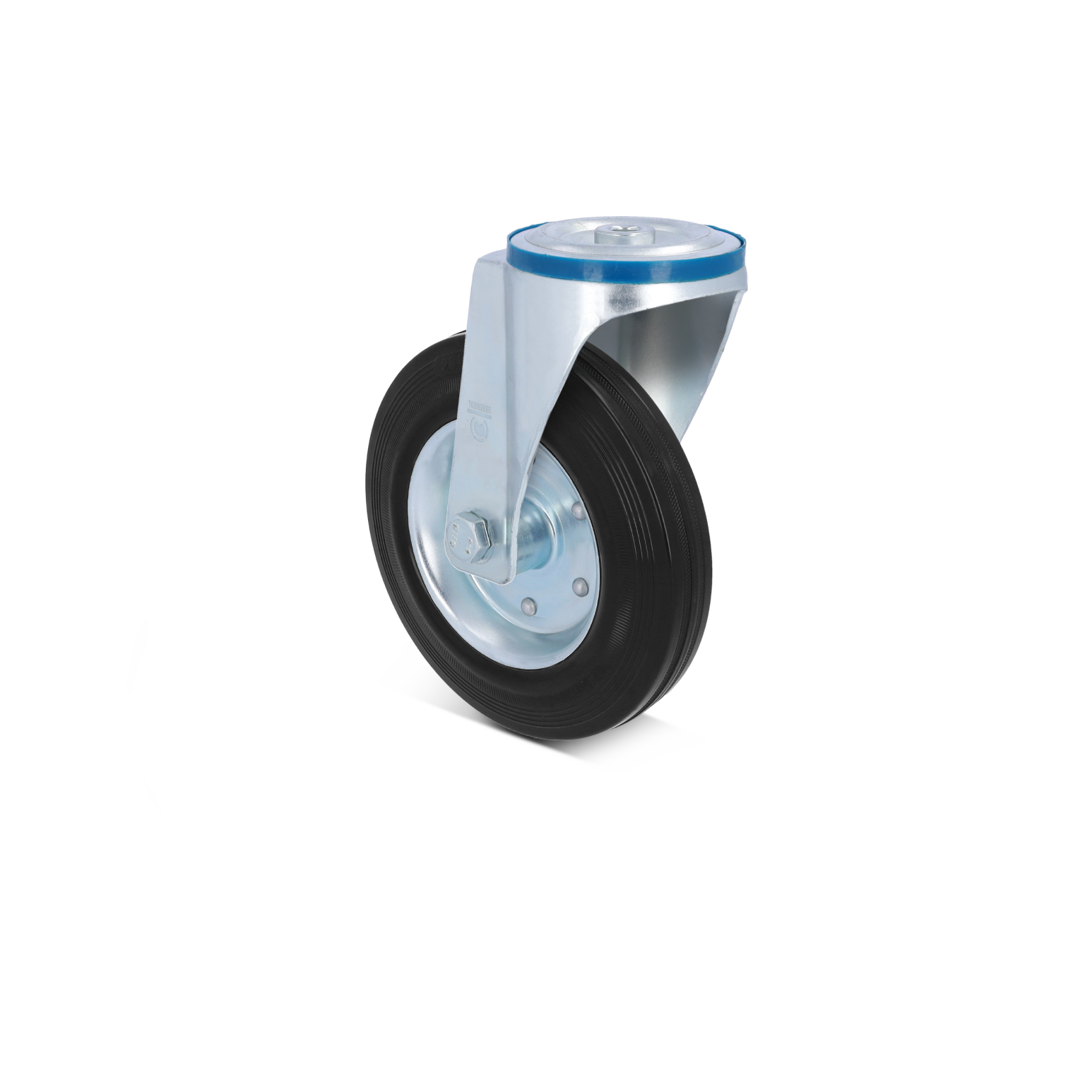 Zwarte industrielwiel met een metalen bevestigingsbeugel, voorzien van een blauwe ring. Het wiel heeft een gladde rubberen loopvloer en is gepositioneerd tegen een witte achtergrond.