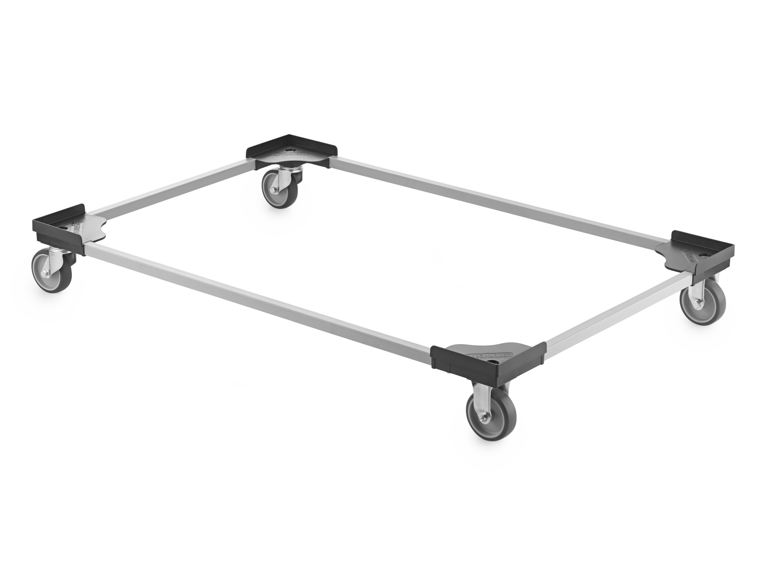 A rectangular transport trolley frame with four swivel casters at each corner. The frame is made of metal with plastic mounting plates, suitable for moving various loads in an industrial setting.
