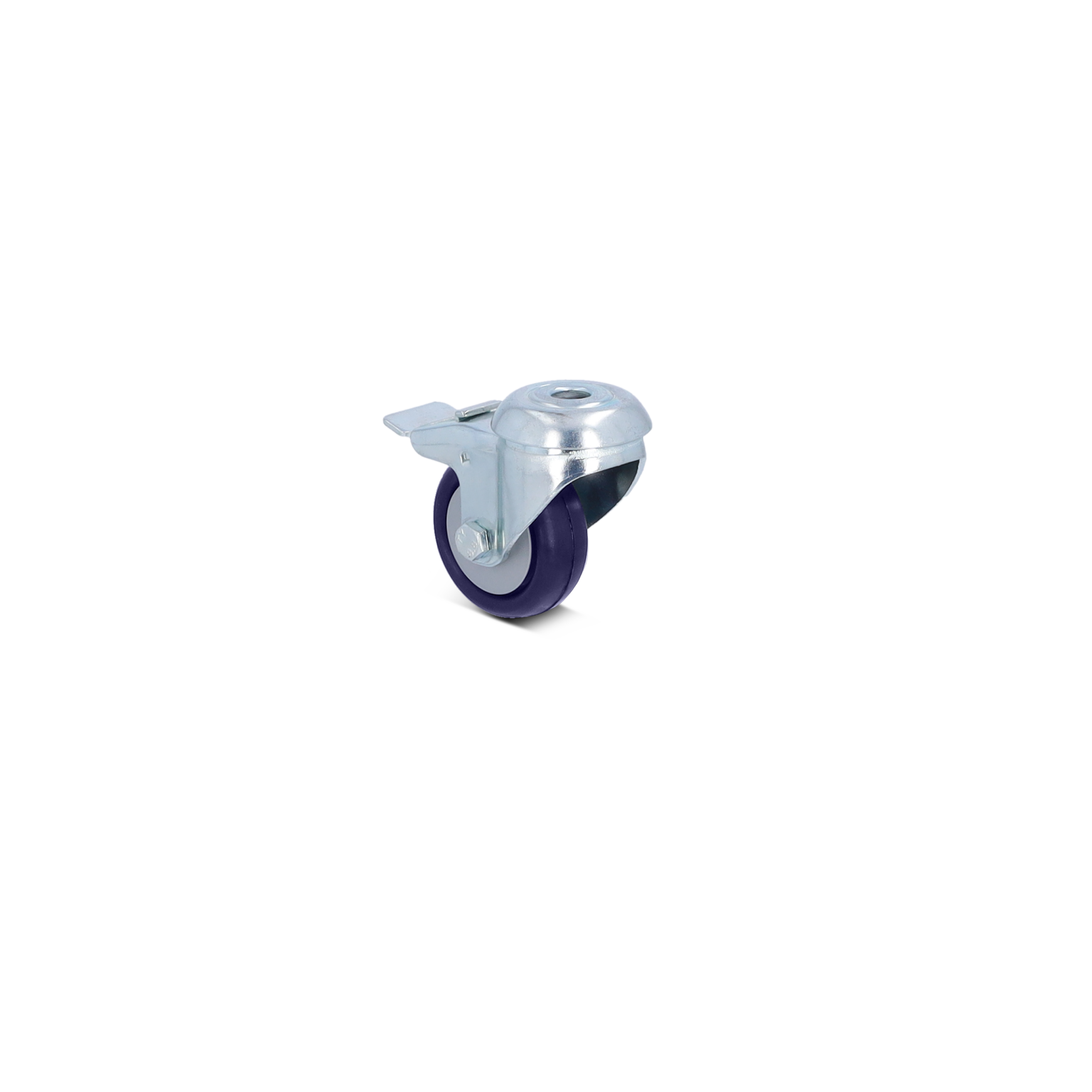A swivel castor with a metallic housing and a dark purple wheel is positioned at an angle. The housing features a circular mounting plate with a central hole for attachment, set against a plain background.