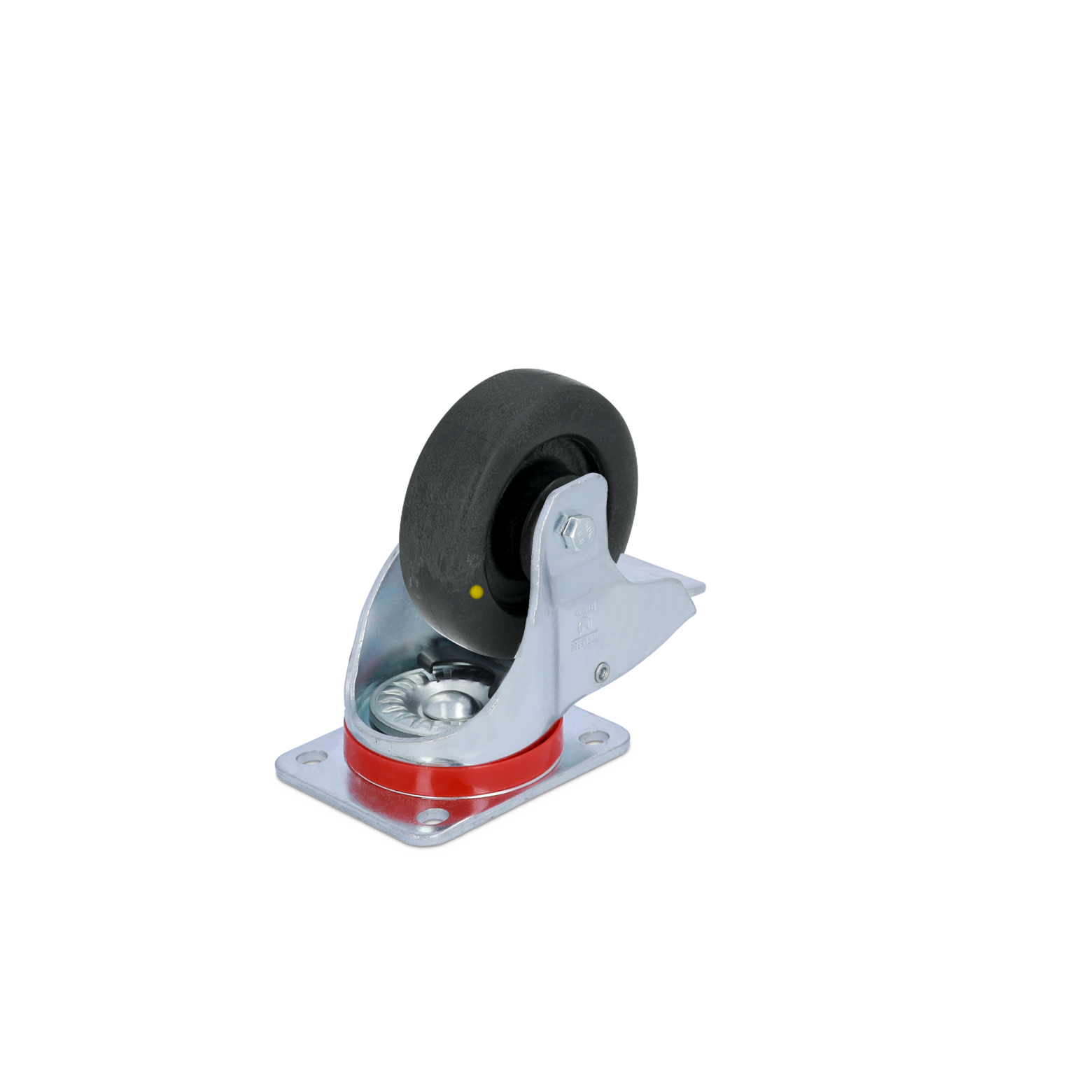 A swivel castor featuring a black rubber wheel mounted on a silver metal bracket. The bracket is connected to a red base with a circular metal plate, suitable for various industrial applications.