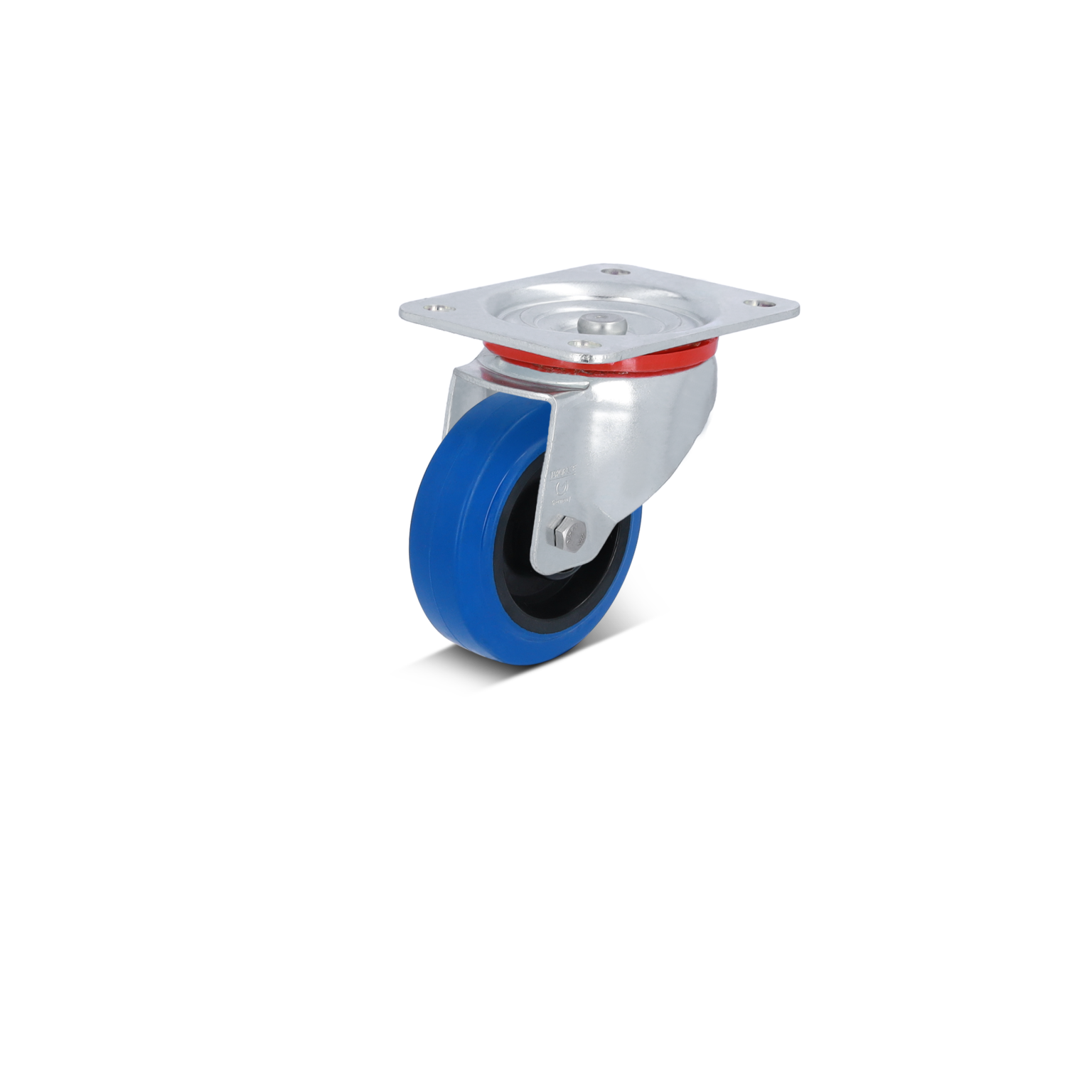 A blue industrial wheel is mounted on a silver metal swivel base with a red ring. The wheel features a black tread and is positioned against a plain background, highlighting its design.