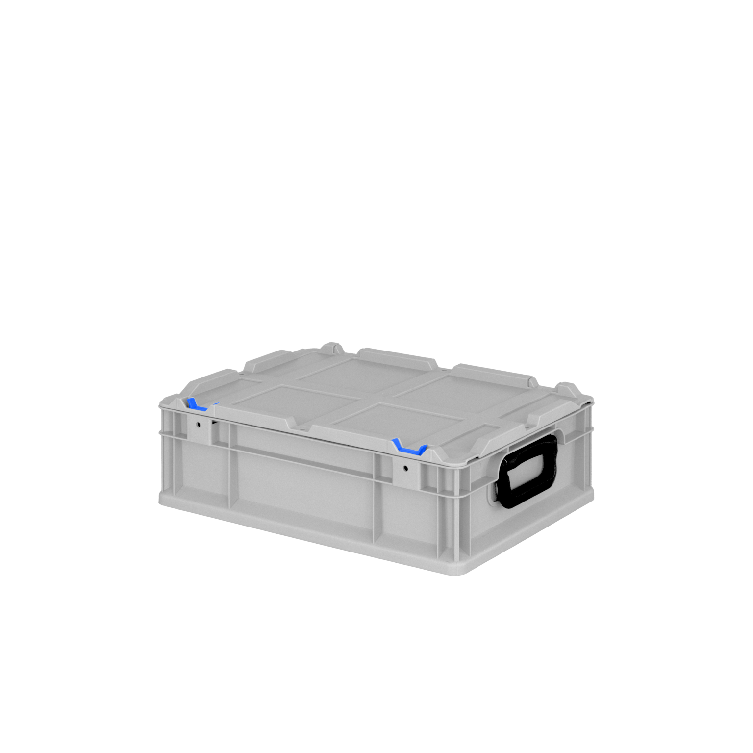 Transparente Kunststoffbox mit schwarzem Griff, gekennzeichnet durch blaue Clips an den Seiten. Sie ist stabil und rechteckig, geeignet für die Lagerung oder den Transport von Materialien.