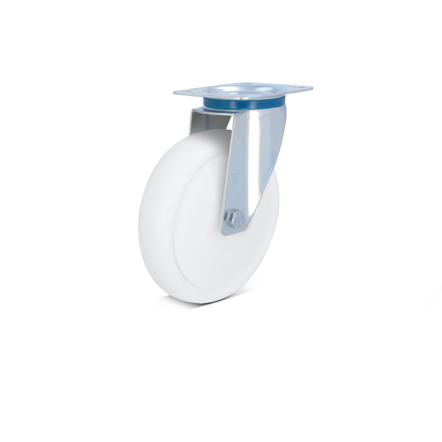 A white industrial wheel features a metal mounting plate and brackets. It is positioned for attachment, typically used in various material handling applications within warehouses or industrial settings.