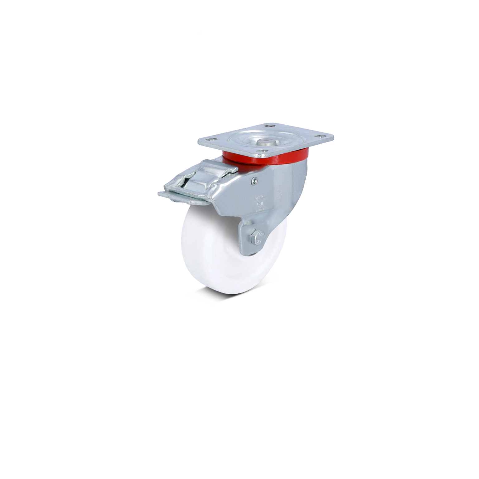 A metal caster wheel with a white polyurethane wheel is mounted on a silver metal bracket, featuring a red rubber ring. It-s positioned against a blank background, emphasizing the design and materials used.