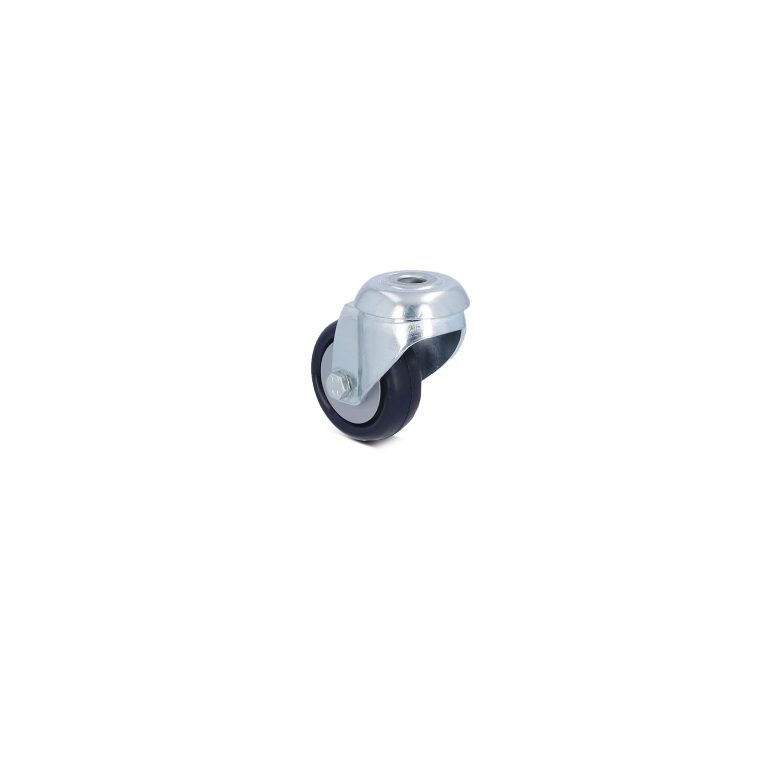 A black rubber wheel is attached to a shiny metal mount with a screw fitting. The assembly is positioned upright against a plain background, designed for use in various material handling applications.