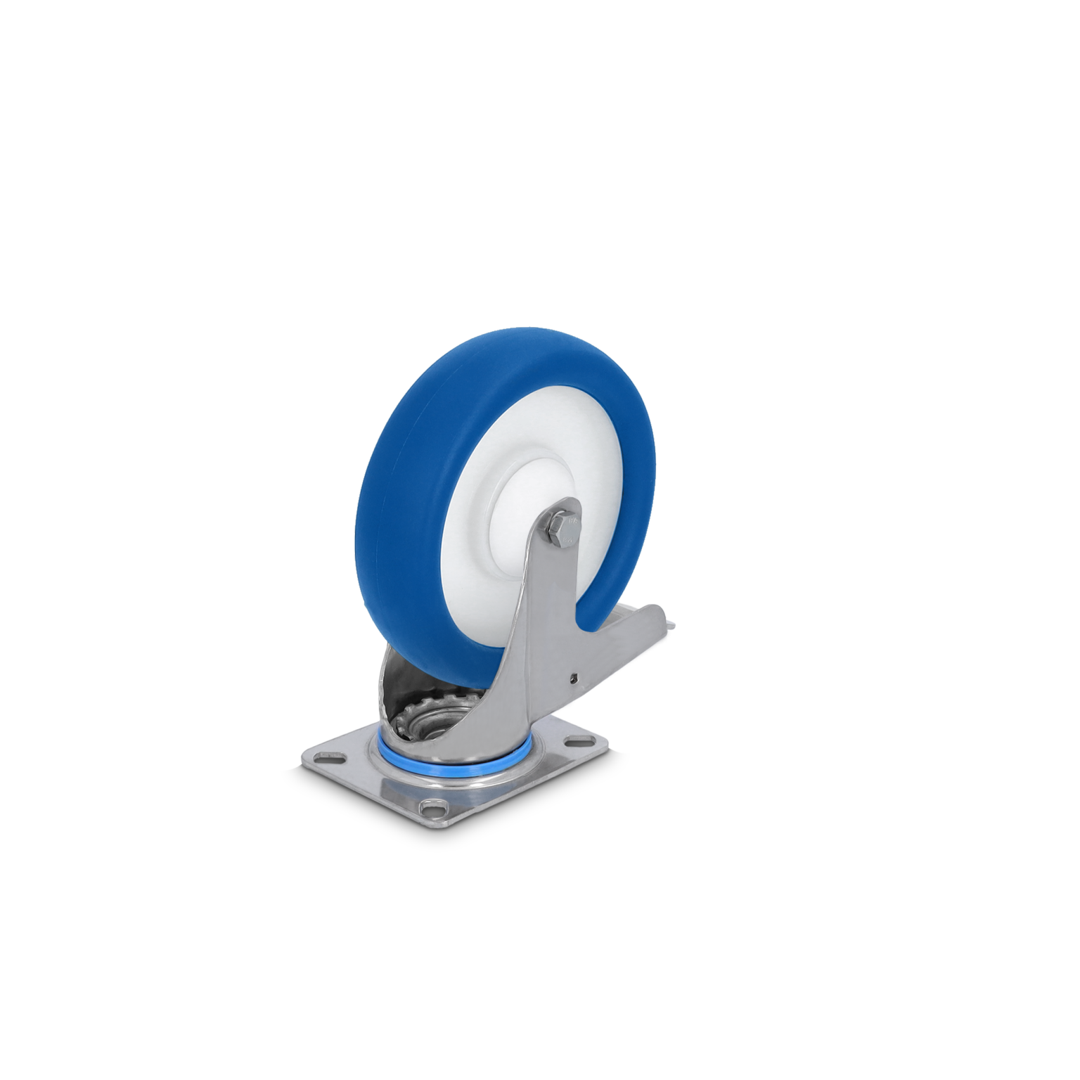 Blauwe rubberen rol met een witte binnenring gemonteerd op een metalen montageplaat. De rol is gericht naar voren, met een zichtbaar kogellager en een hoekige, steunende behuizing.