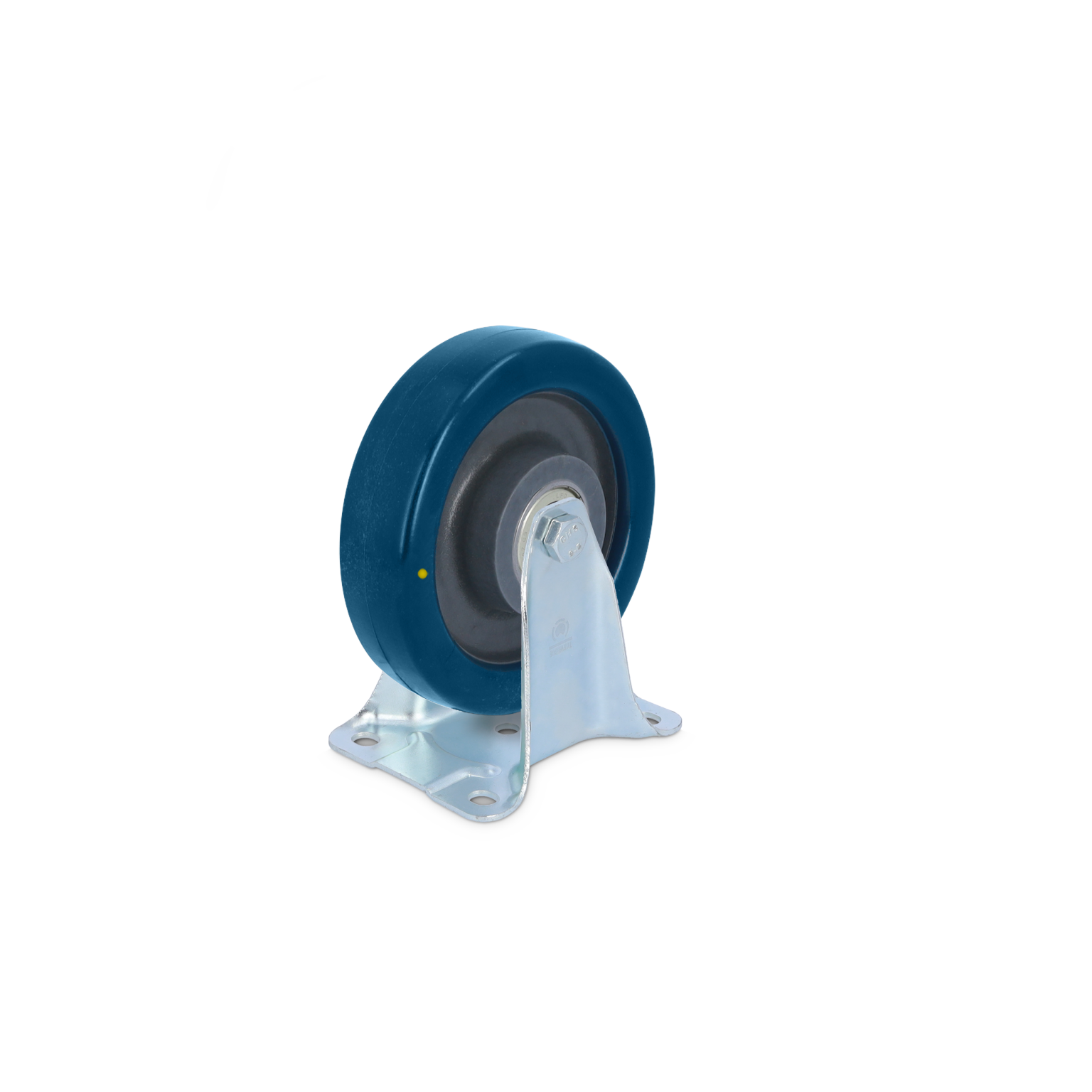 Blauwe industriewiel met een rubberen band, bevestigd aan een metalen bevestigingsplaat. Het wiel is scherp gefocust op een effen achtergrond, wat de functionaliteit en robuustheid benadrukt.