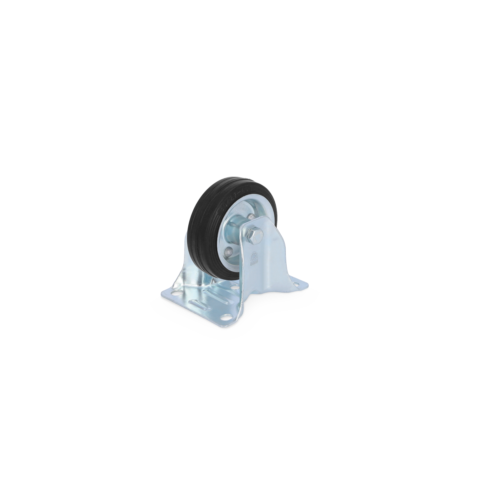 A swivel caster features a black rubber wheel mounted on a silver metal bracket with a flat base. The bracket has multiple holes for easy attachment. It is displayed against a simple background.