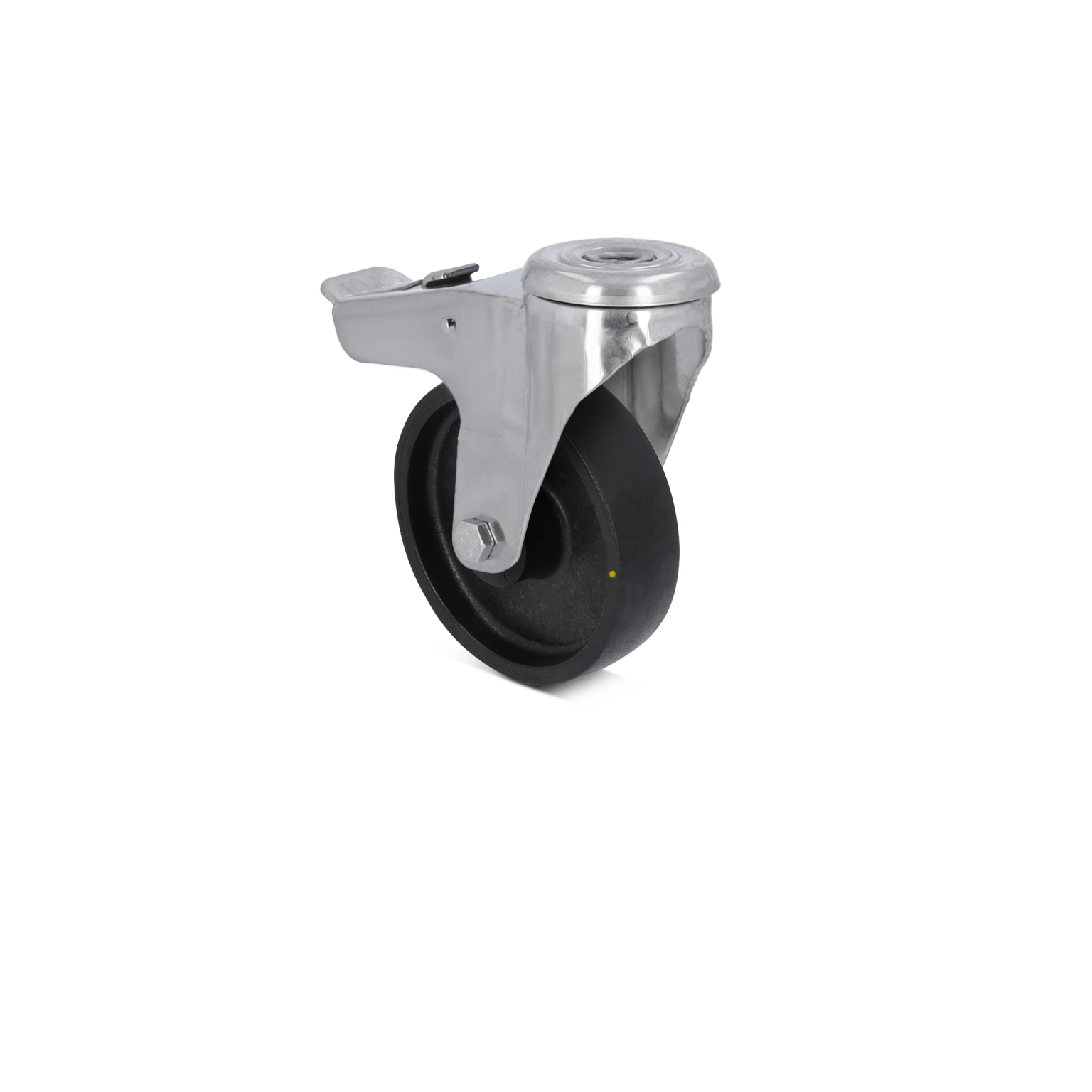 Ein schwarzer Gummi-Rad mit einer silbernen Metallaufnahme. Der Haltearm ist sichtbar befestigt, um eine stabile Montage zu gewährleisten. Der Hintergrund ist neutral gehalten.