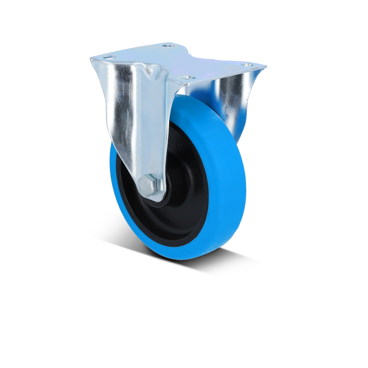 Eine industrielle Rolle mit einer blauen, gummierten Bereifung und einer metallischen Halterung. Sie ist für den Einsatz in Lager- und Transportsystemen konzipiert.