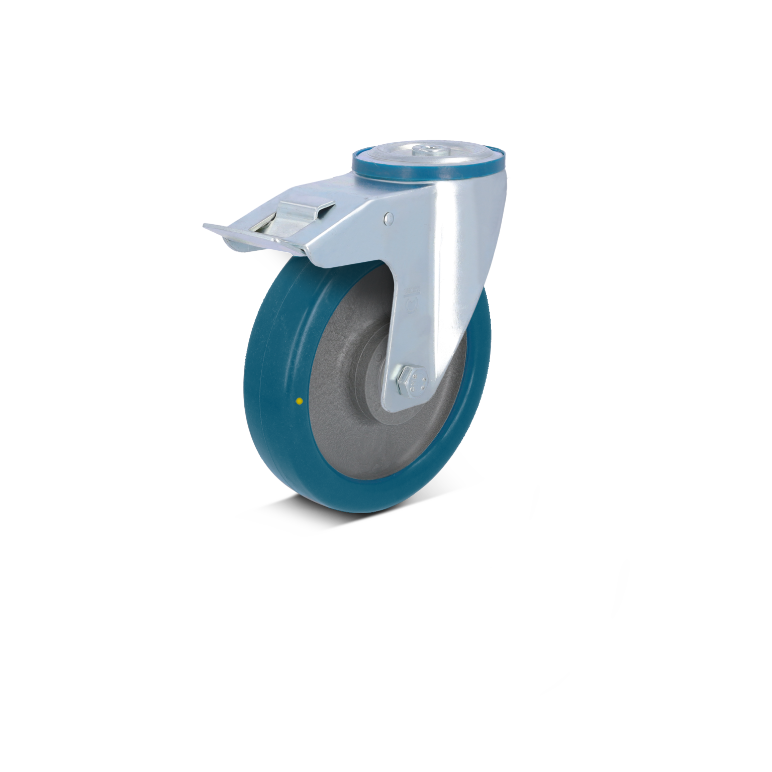 Een stevig industriële wiel met een metalen bevestigingsplaat en een rubberen band in een blauwe kleur. Het wiel is geschikt voor gebruik in logistiek en transport, met een goede rolweerstand.