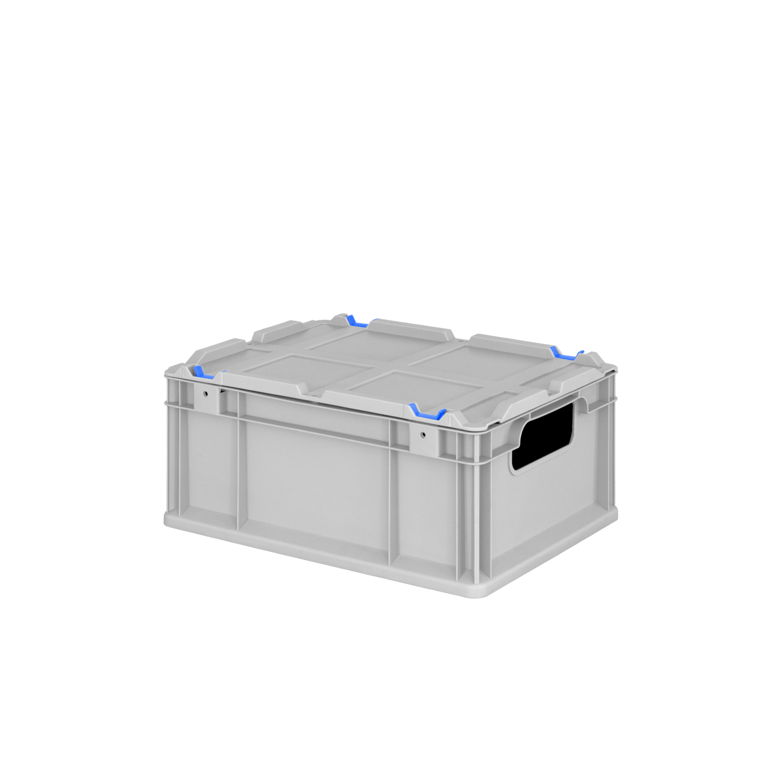 Eine graue Kunststoffbox mit blauen Griffen an den Ecken. Sie hat eine rechteckige Form, flache Oberfläche und seitliche Öffnungen zum Tragen. Die Box steht auf einem einheitlichen, dunklen Hintergrund.