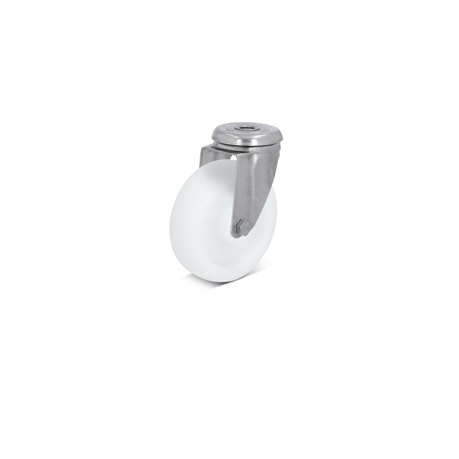 A white industrial wheel with a stainless steel bracket is positioned upright. The wheel is smooth and rounded, attached firmly to the metal mounting plate, which features visible bolts for secure installation.