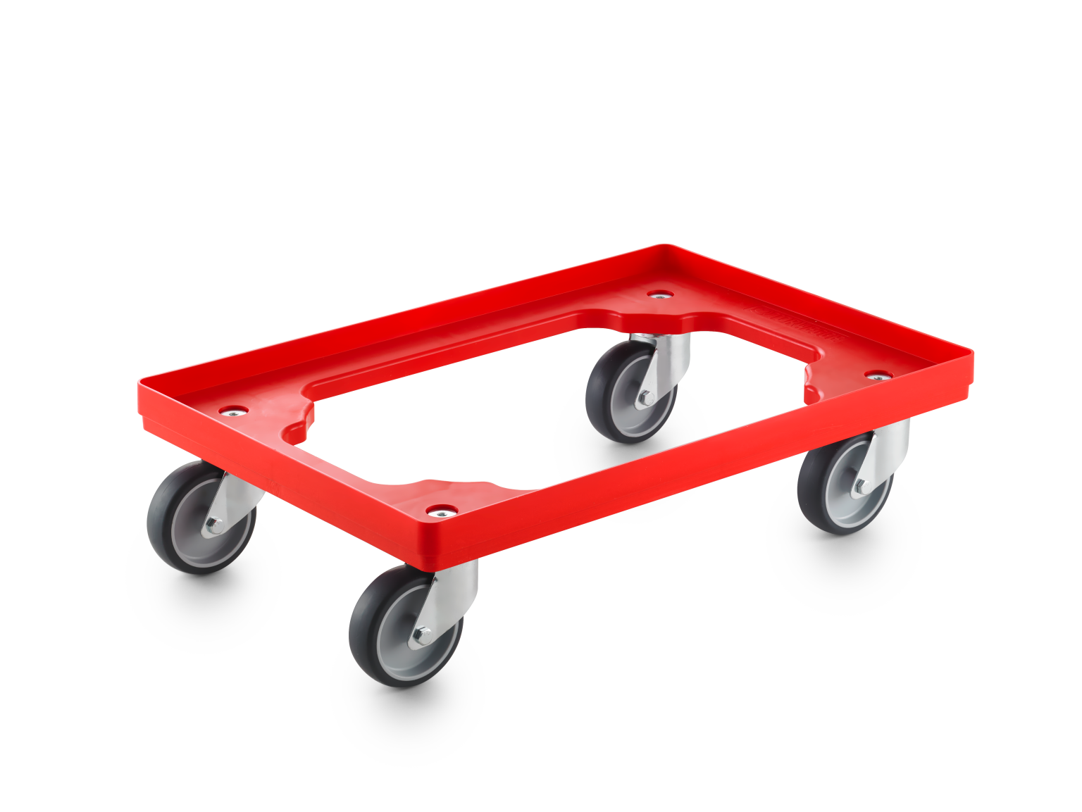 A rectangular red transport dolly features a raised edge and is equipped with four swivel castors. It is designed for easy movement of materials and is set against a plain background.