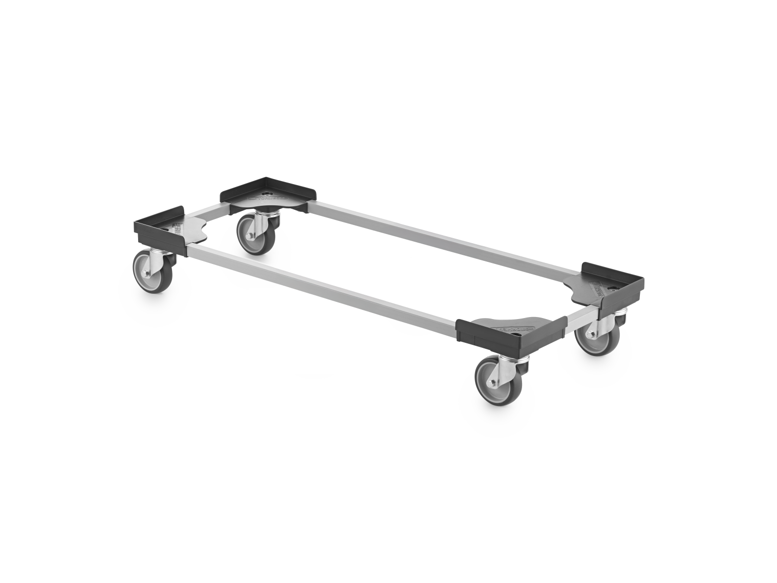 Transport trolley featuring a rectangular frame with four wheels at the corners, designed for moving loads. The frame is made of metal, and the wheels are likely made of rubber for smooth mobility.