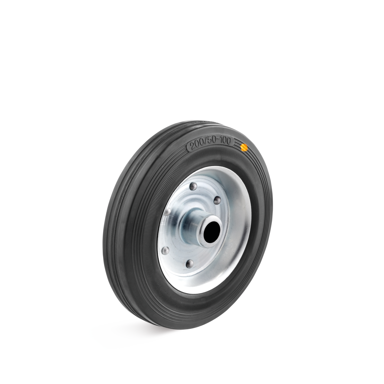 Rubber wiel met een metalen velg, gemarkeerd met de maat -200/50-100-. Het wiel is schuin gepositioneerd, zodat de velg en het loopvlak goed zichtbaar zijn. Achtergrond is eenvoudig en helder.