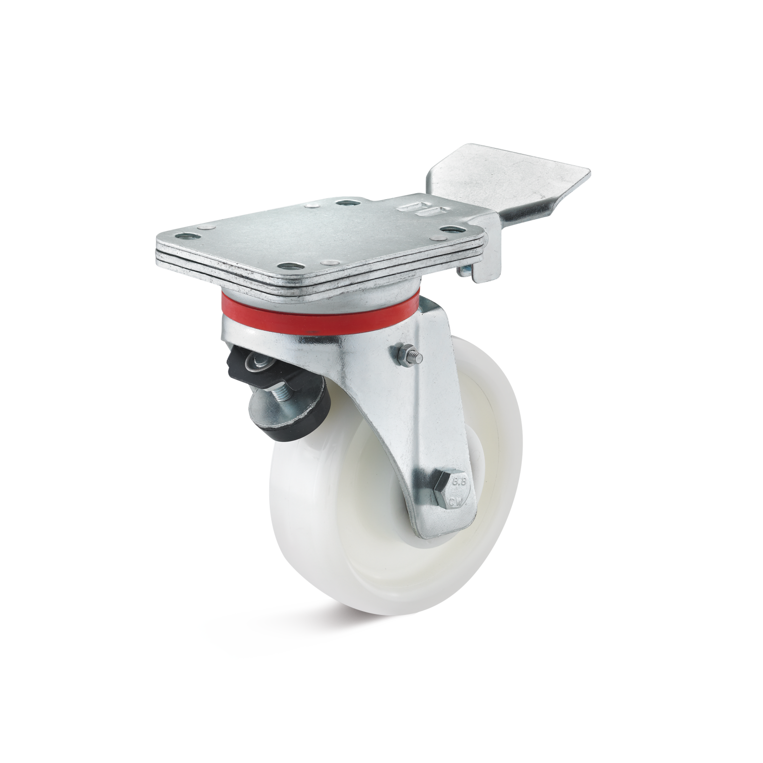 A swivel castor features a metallic mounting plate with bolt holes, a white plastic wheel, and a red rubber ring, designed for ease of movement in industrial settings.